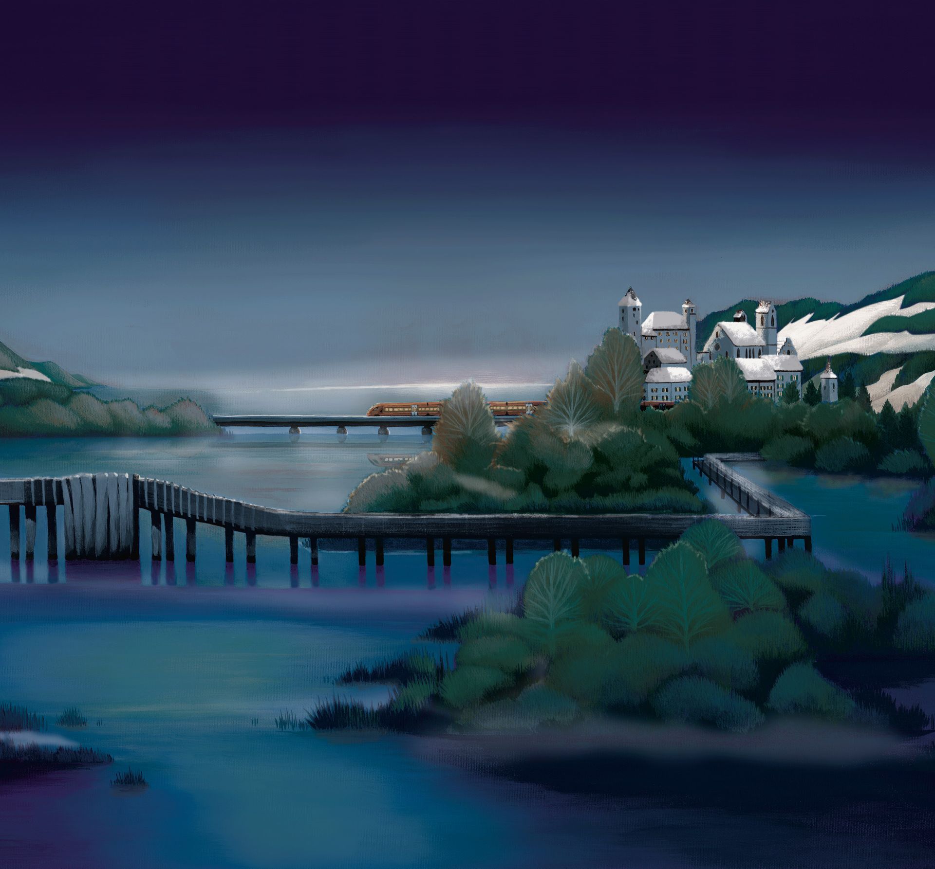 Illustrazione di Rapperswil, Seedamm, il Lago di Zurigo e il Voralpen-Express della Südostbahn in una notte d’inverno.