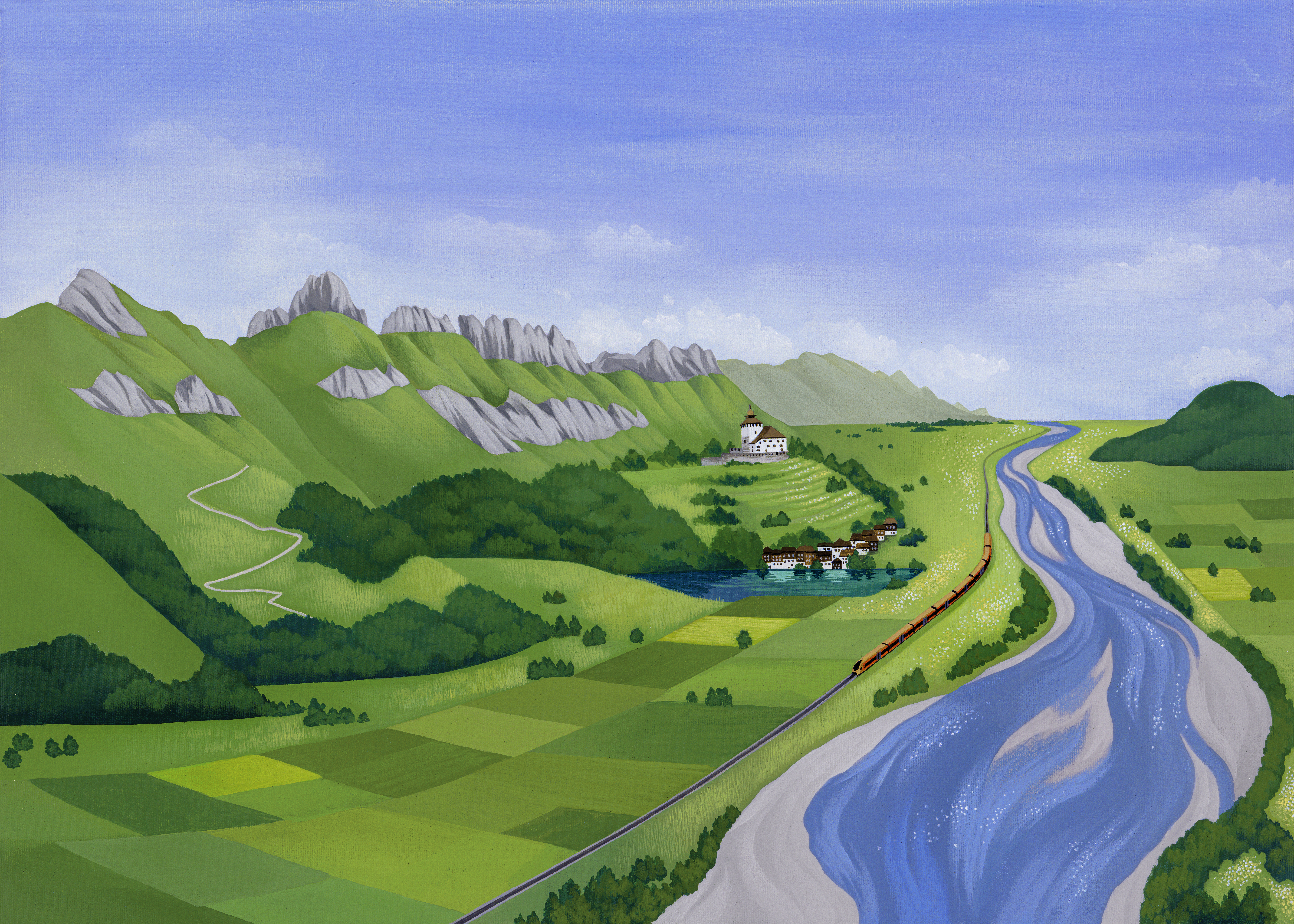 Rheintal - Alpenrhein-Express Gemalte Illustration eines grünen Tals, blauem Fluss und kupferfarbenen Zug der entlang fährt