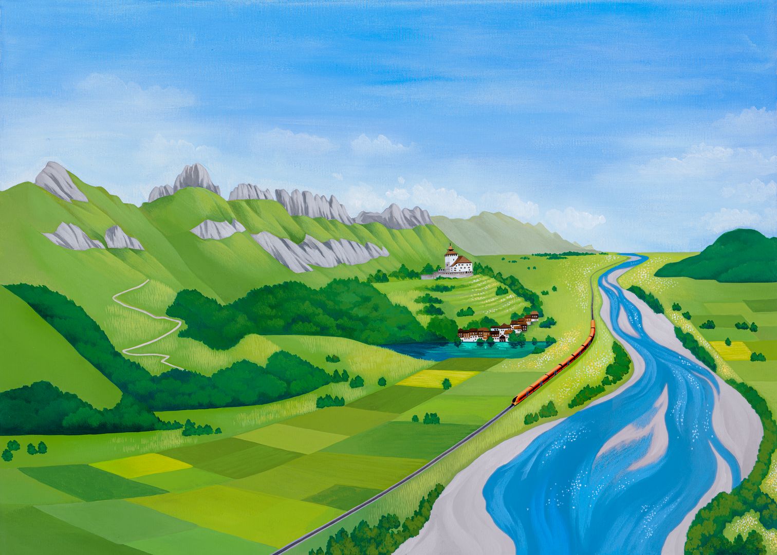 Gemalte Illustration eines grünen Tals, blauem Fluss und kupferfarbenen Zug der entlang fährt