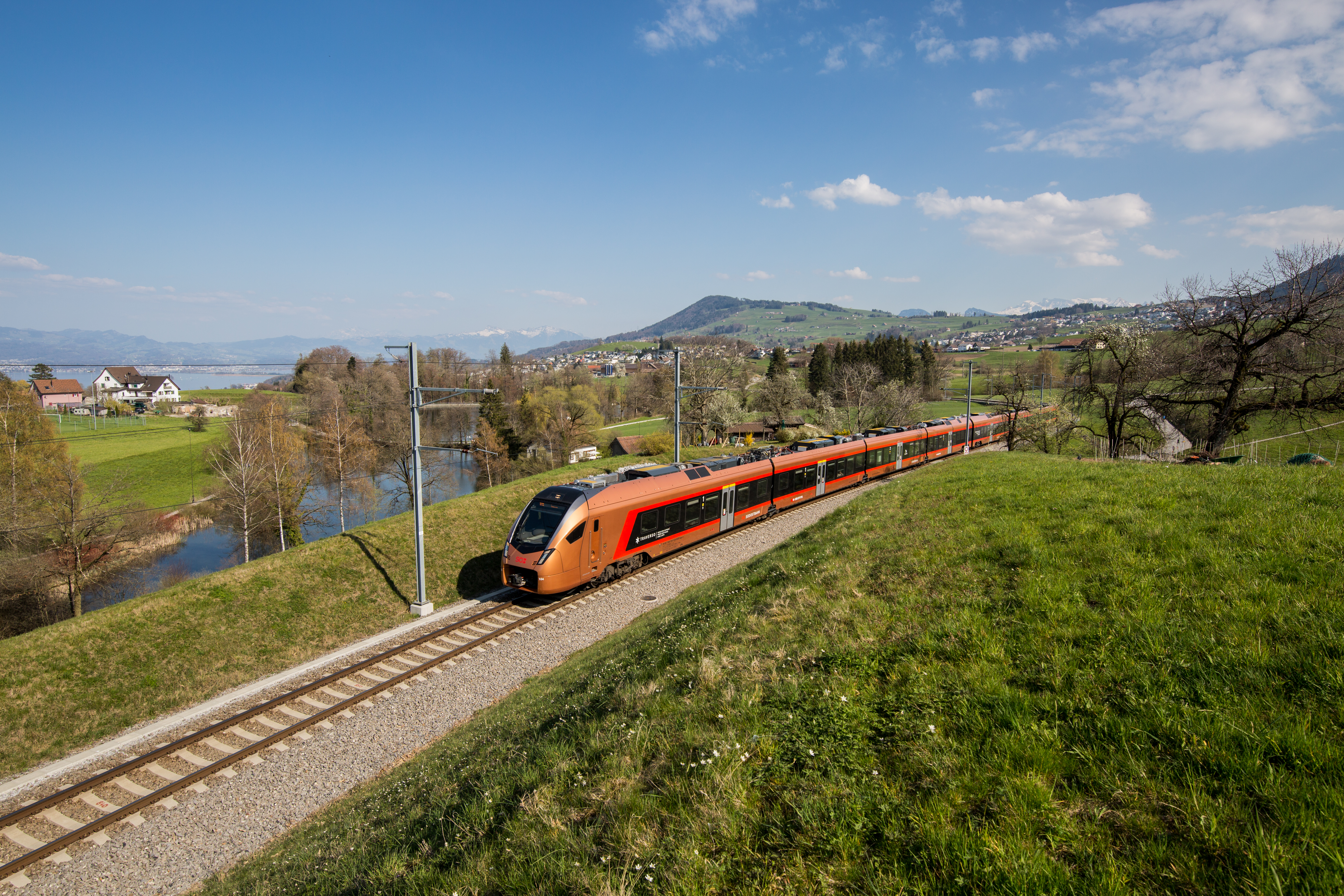 Kupferfarbener Zug zwischen grünen Wiesen