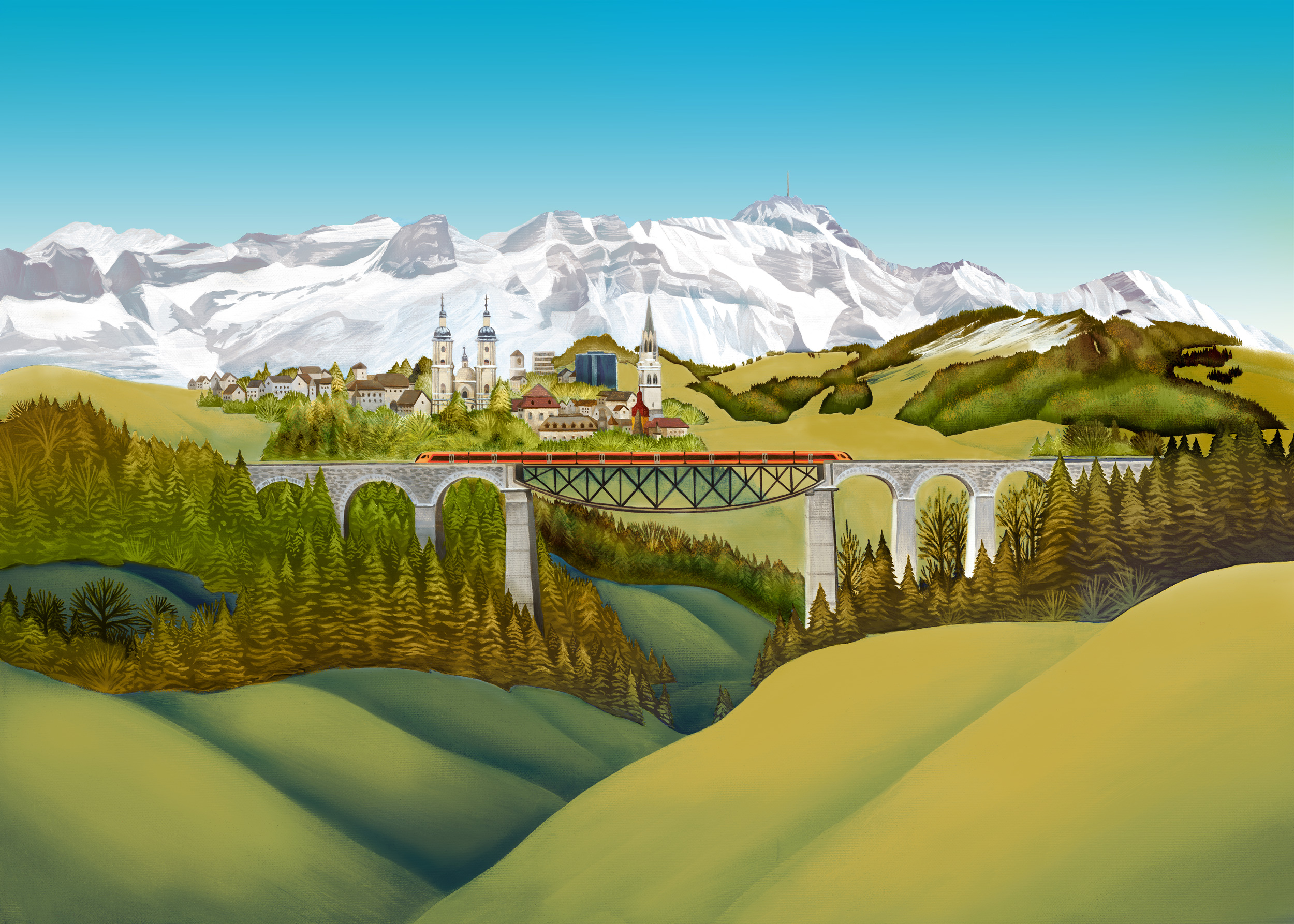 Illustration of St. Gallen and the Sitter Viaduct featuring the Südostbahn's Voralpen-Express in the fall.