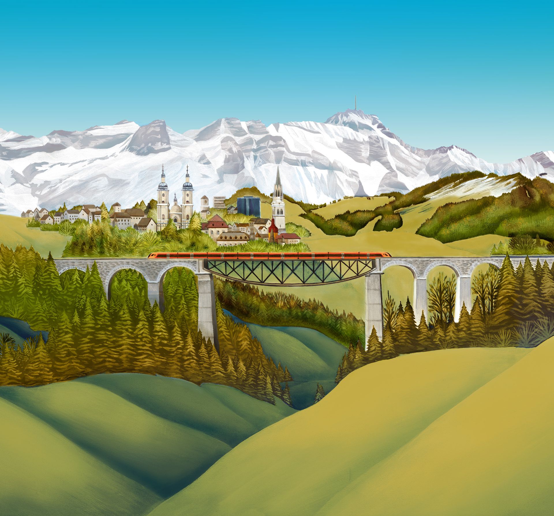 Illustration of St. Gallen and the Sitter Viaduct featuring the Südostbahn's Voralpen-Express in the fall.