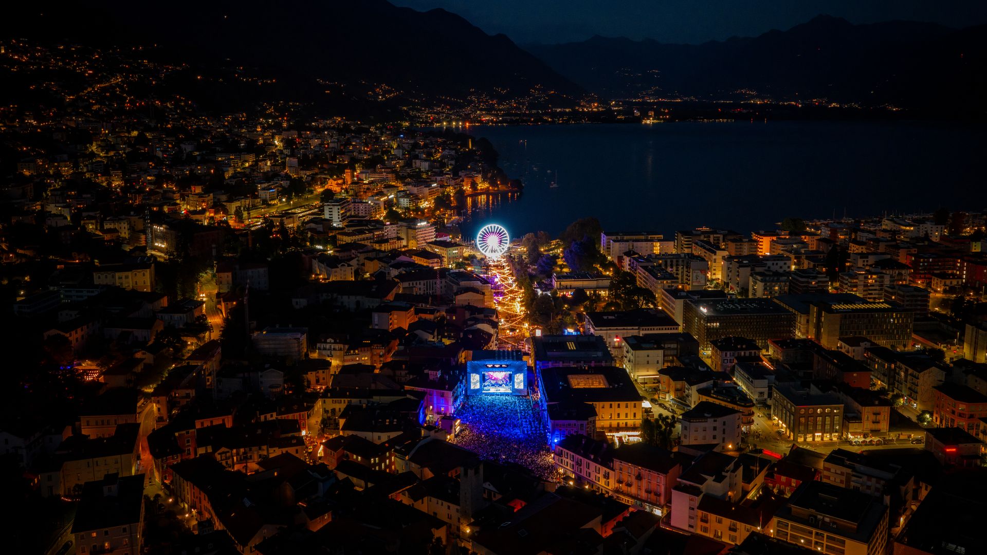 Drone shot of the Moon+Stars in Locarno at night