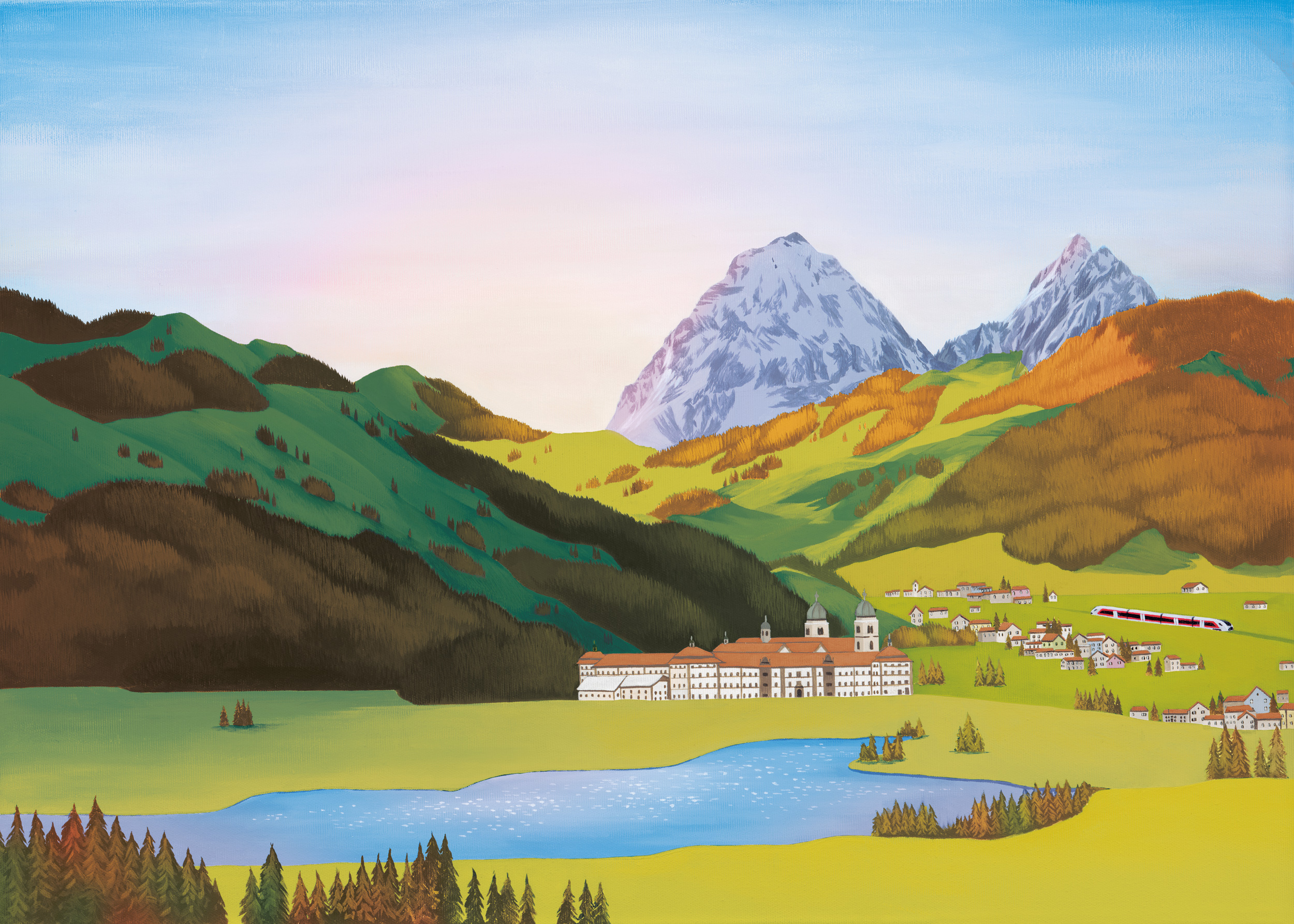 Illustration von Einsiedeln mit Kloster, Mythen und der S-Bahn der Südostbahn im Herbst.