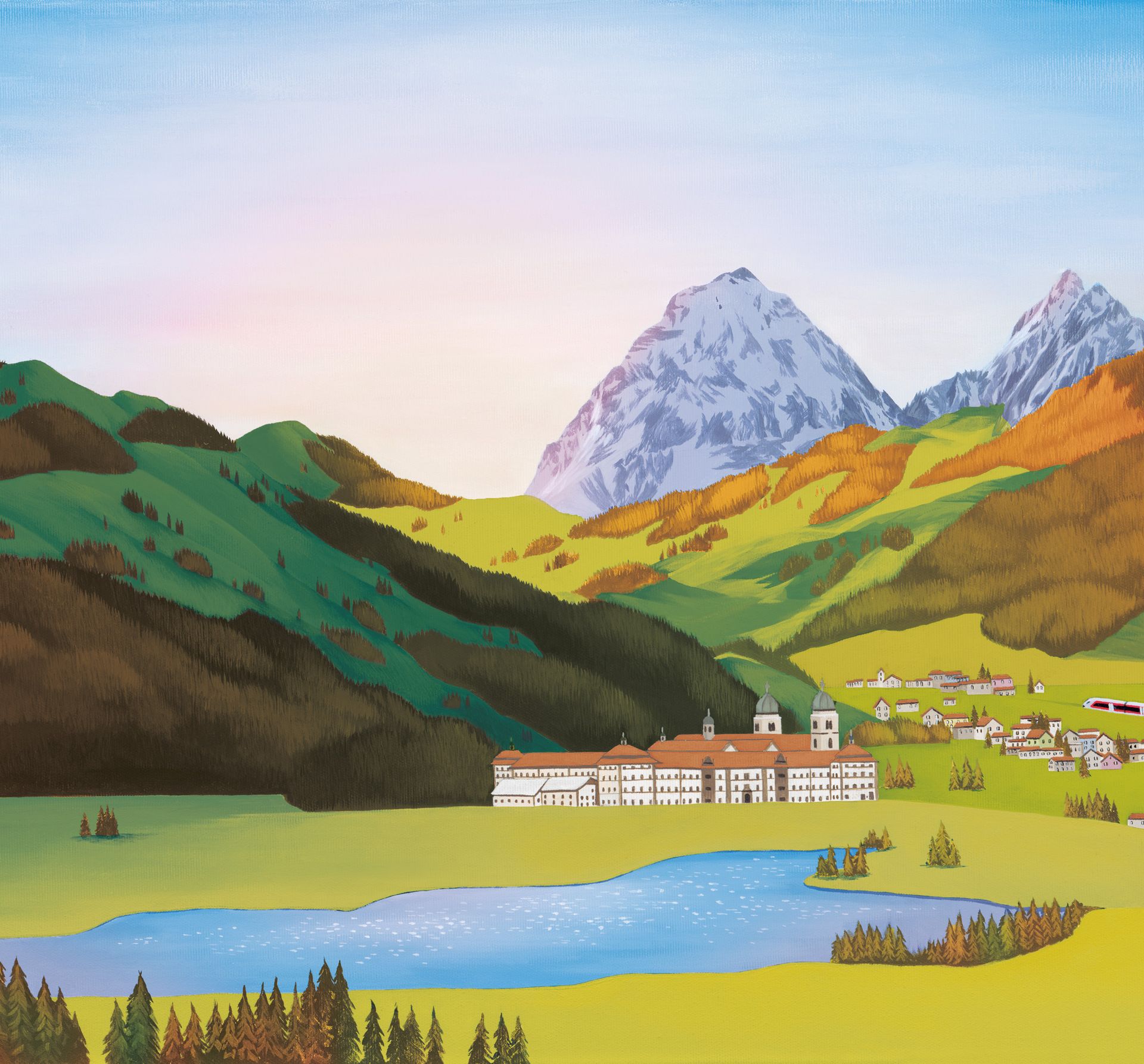 Herbstliche Illustration des Klosters in Einsiedeln und Mythen mit der S-Bahn Illustration von Einsiedeln mit Kloster, Mythen und der S-Bahn der Südostbahn im Herbst.