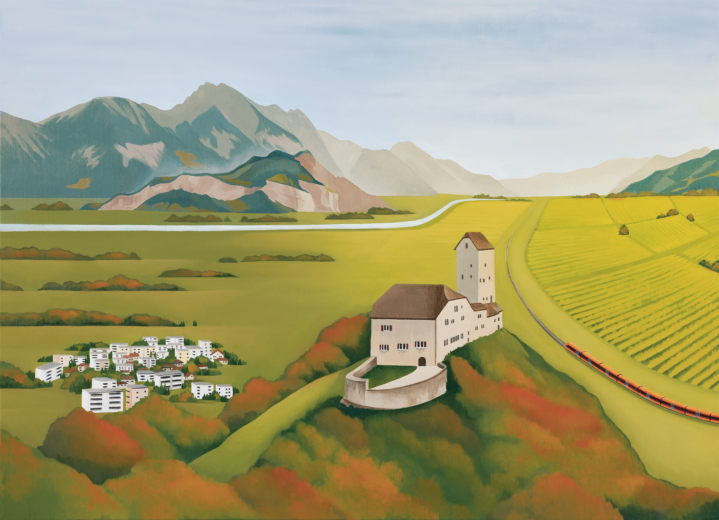 Illustration von Sargans, Schloss und Bündner Herrschaft und dem IR Aare Linth und Alpenrhein-Express der Südostbahn im Herbst.