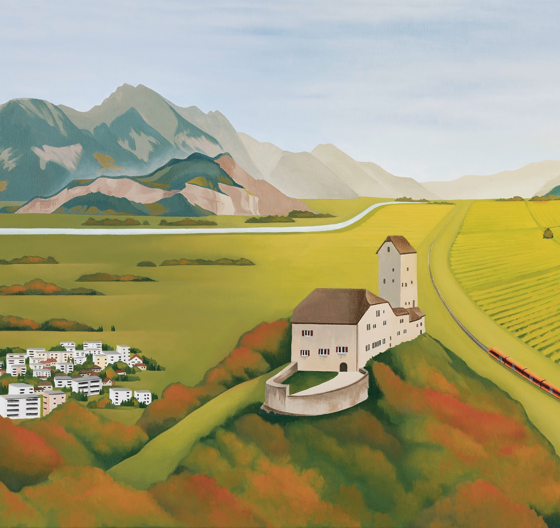 Herbstliche Illustration von Sargans, Schloss und Bündner Herrschaft mit dem IR Aare Linth und Alpenrhein-Express Illustration von Sargans, Schloss und Bündner Herrschaft und dem IR Aare Linth und Alpenrhein-Express der Südostbahn im Herbst.