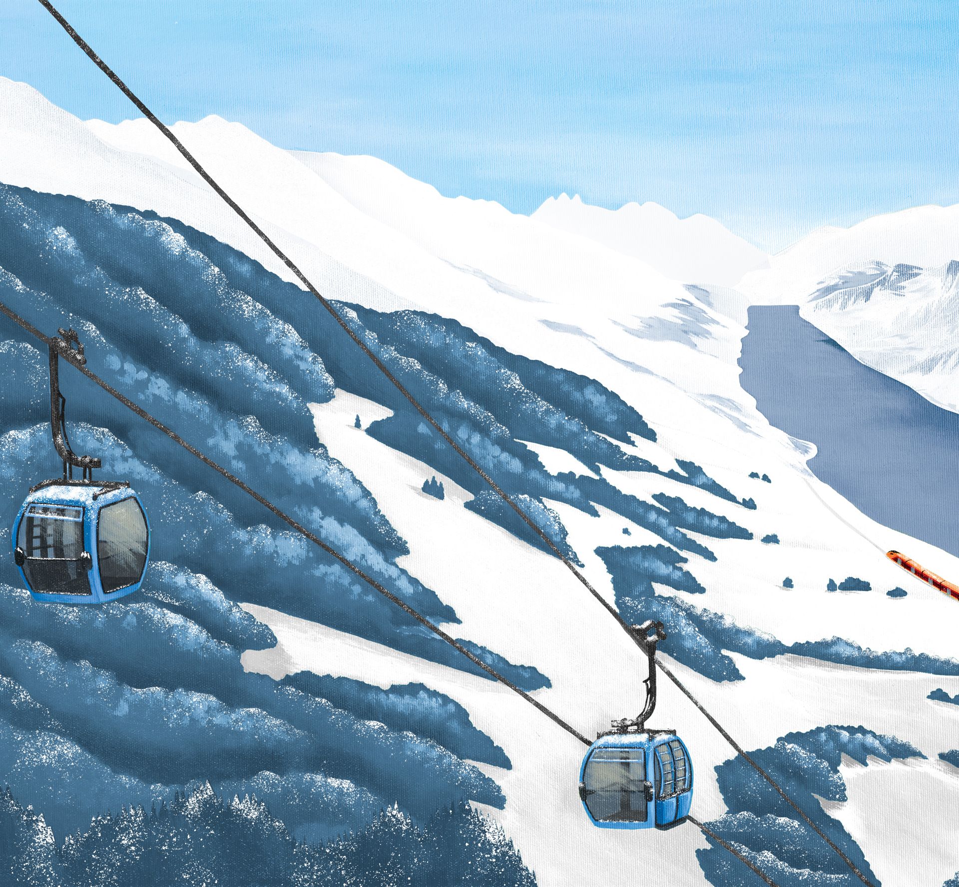Illustration von Flumserberg mit Gondel, Walensee, Churfirsten und dem IR Aare Linth der Südostbahn im Winter.