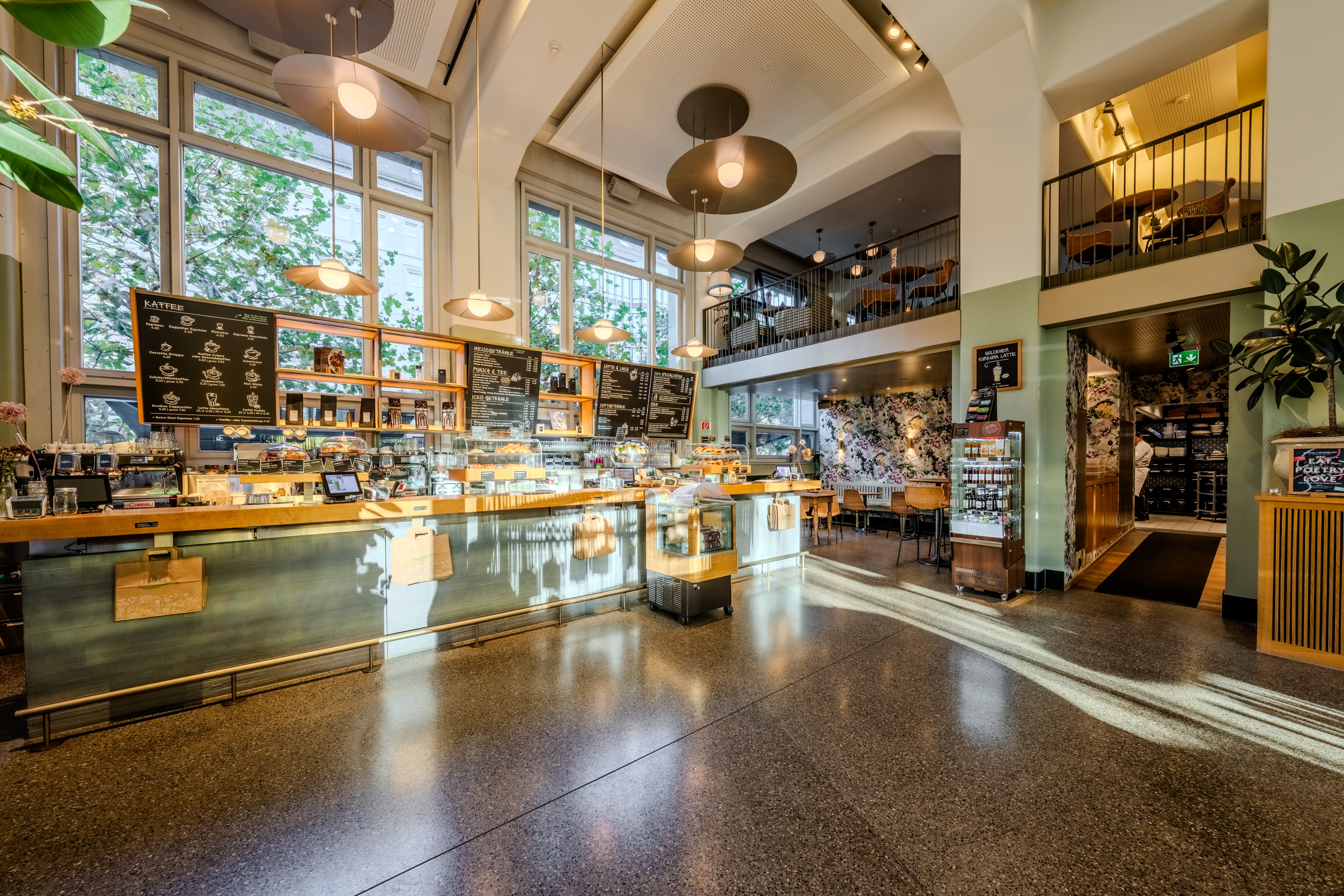 Interior view of tibits near St. Gallen railway station with vegetarian and vegan buffet, modern interior and central location next to the main station.