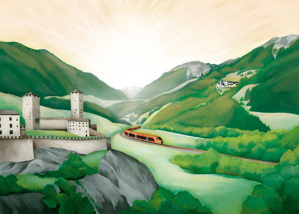 Treno Gottardo in the Leventina in front of the UNESCO castles of Bellinzona in southern Switzerland.