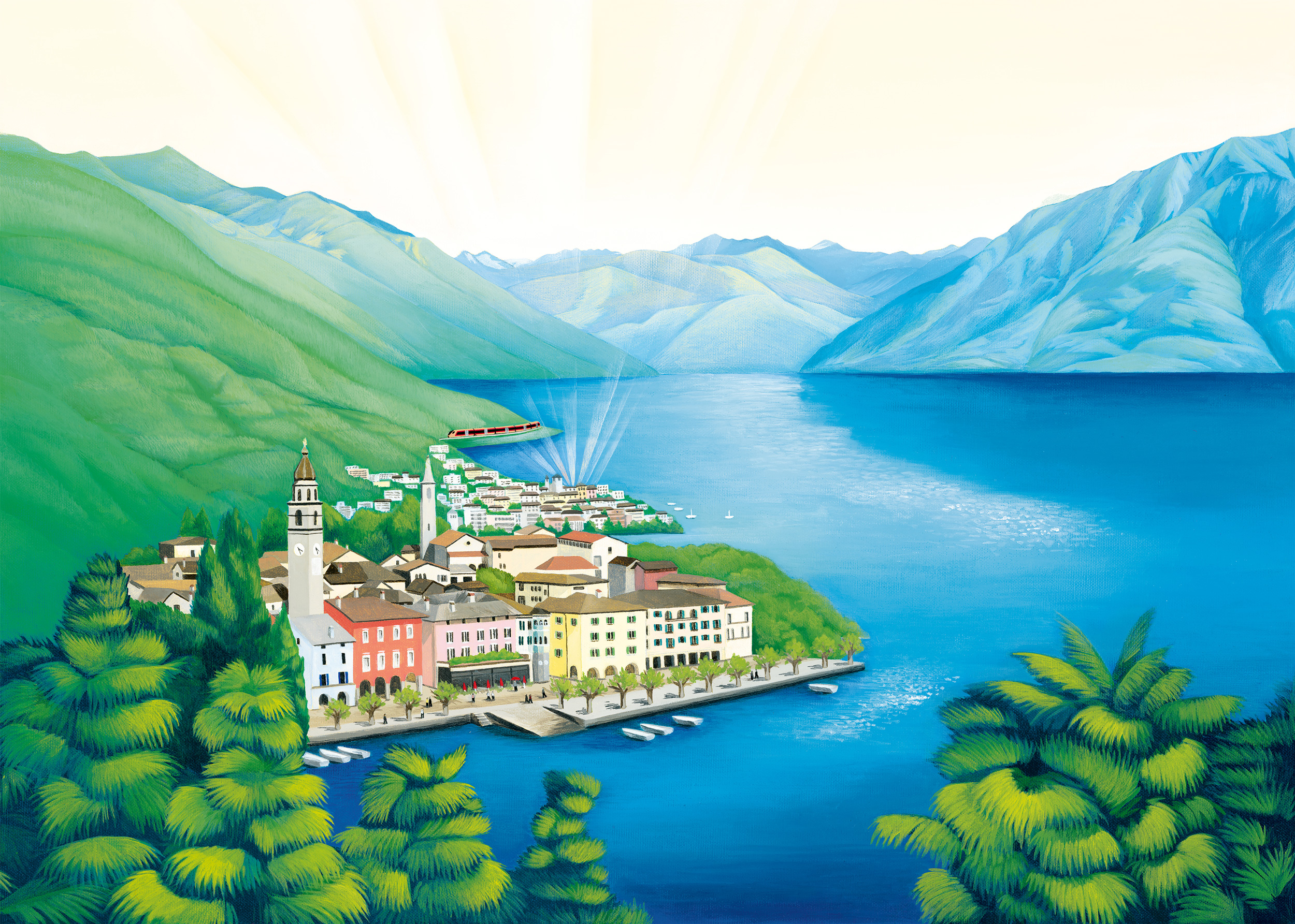 Illustrazione di Ascona e Locarno con il Lago Maggiore e il “Treno Gottardo” della Südostbahn in estate.