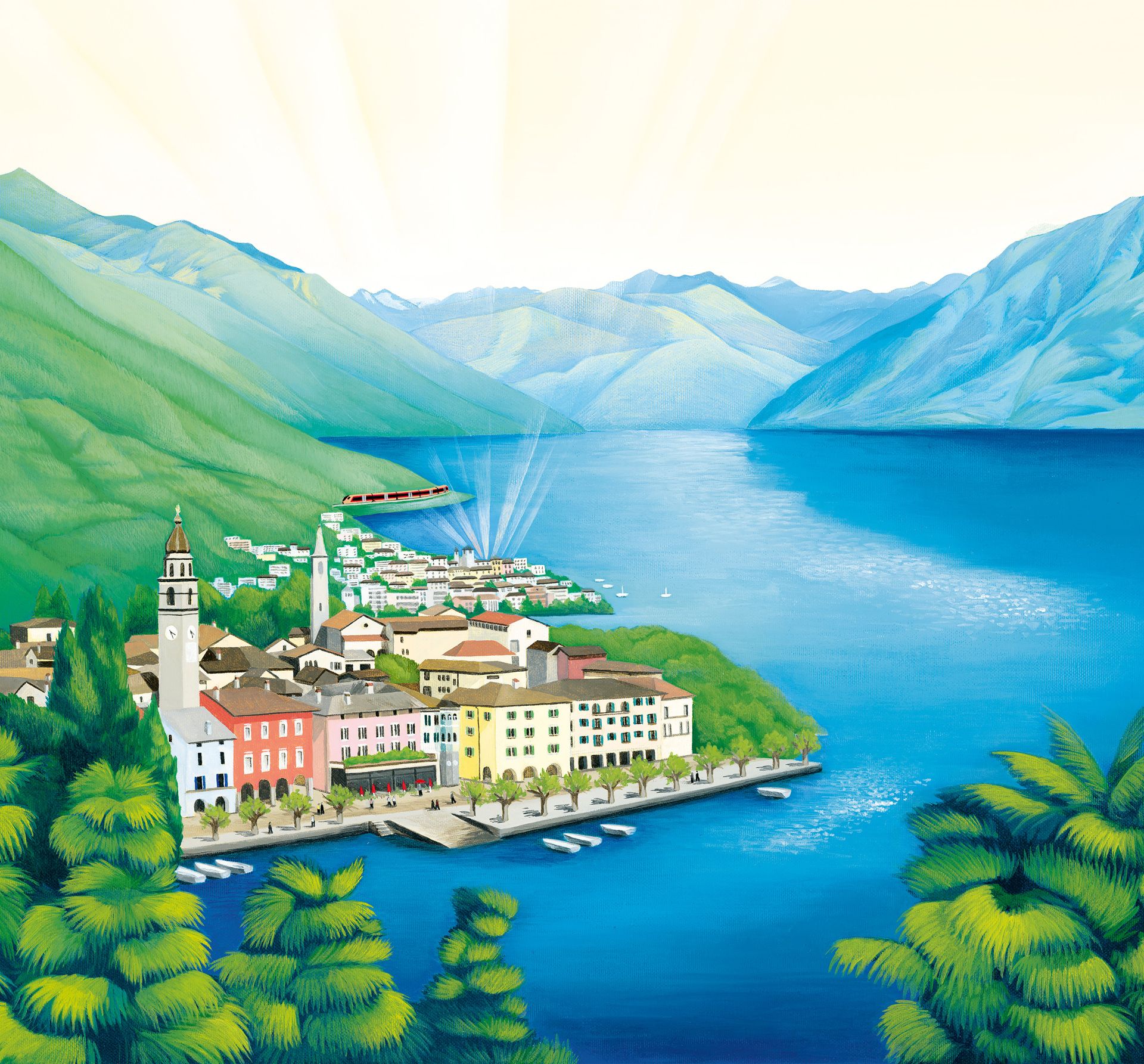 Illustrazione di Ascona e Locarno con il Lago Maggiore e il “Treno Gottardo” della Südostbahn in estate.