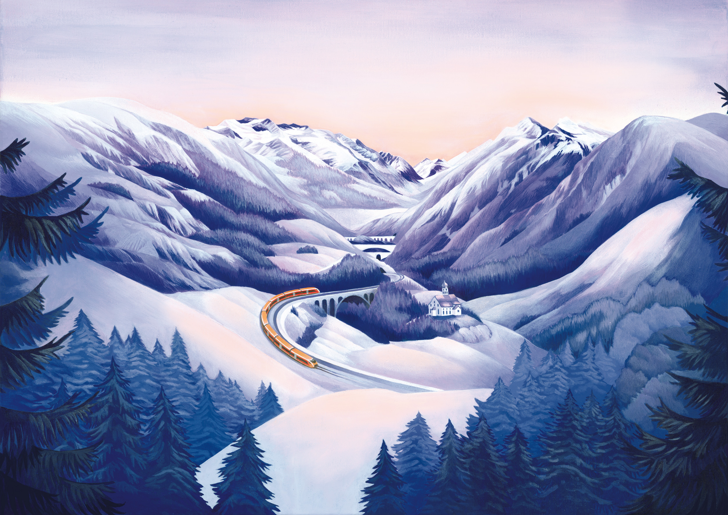 Illustrazione della linea panoramica del San Gottardo, della chiesa di Wassen e del “Treno Gottardo” della Südostbahn in inverno.