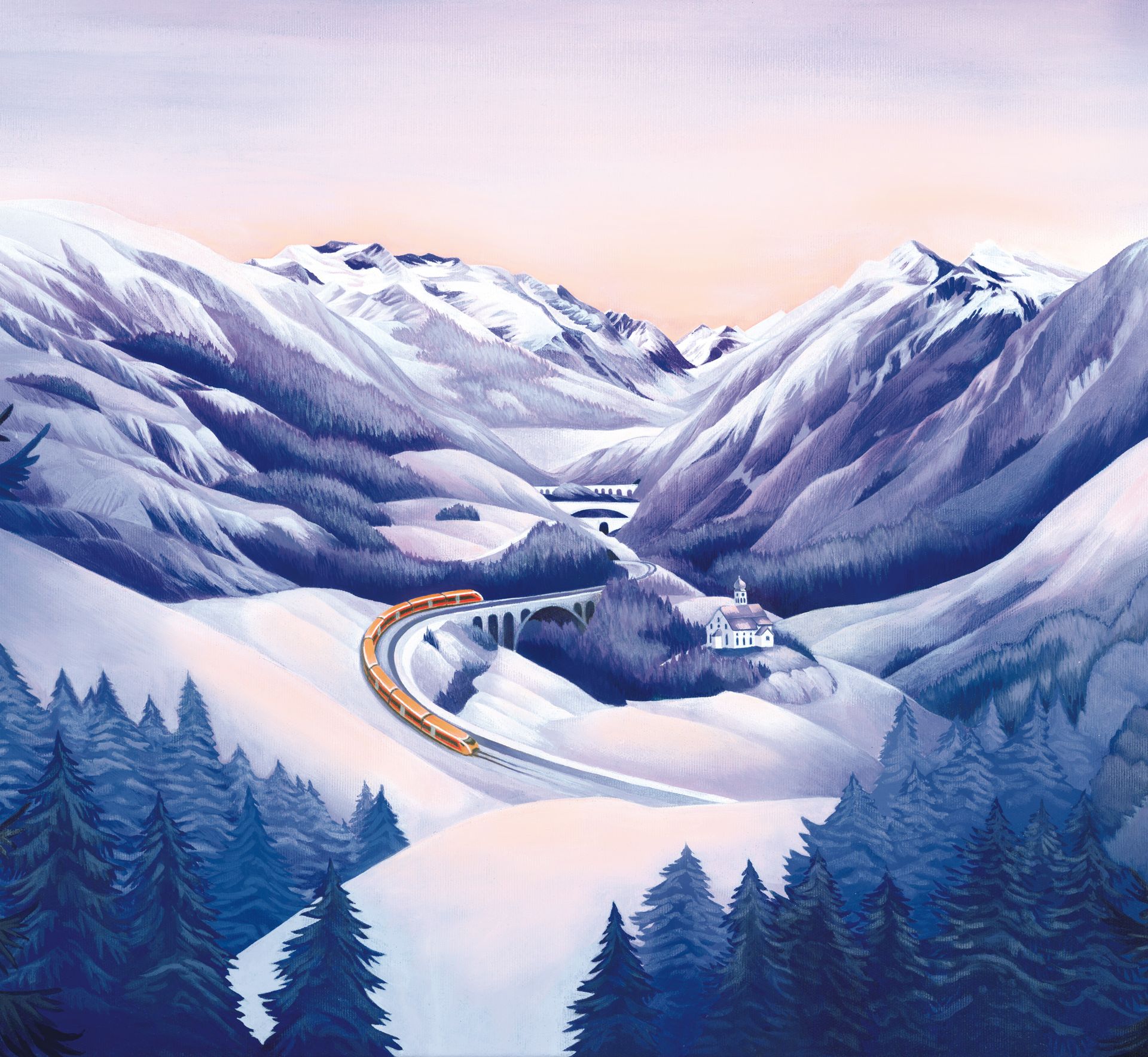 Illustrazione della linea panoramica del San Gottardo, della chiesa di Wassen e del “Treno Gottardo” della Südostbahn in inverno.