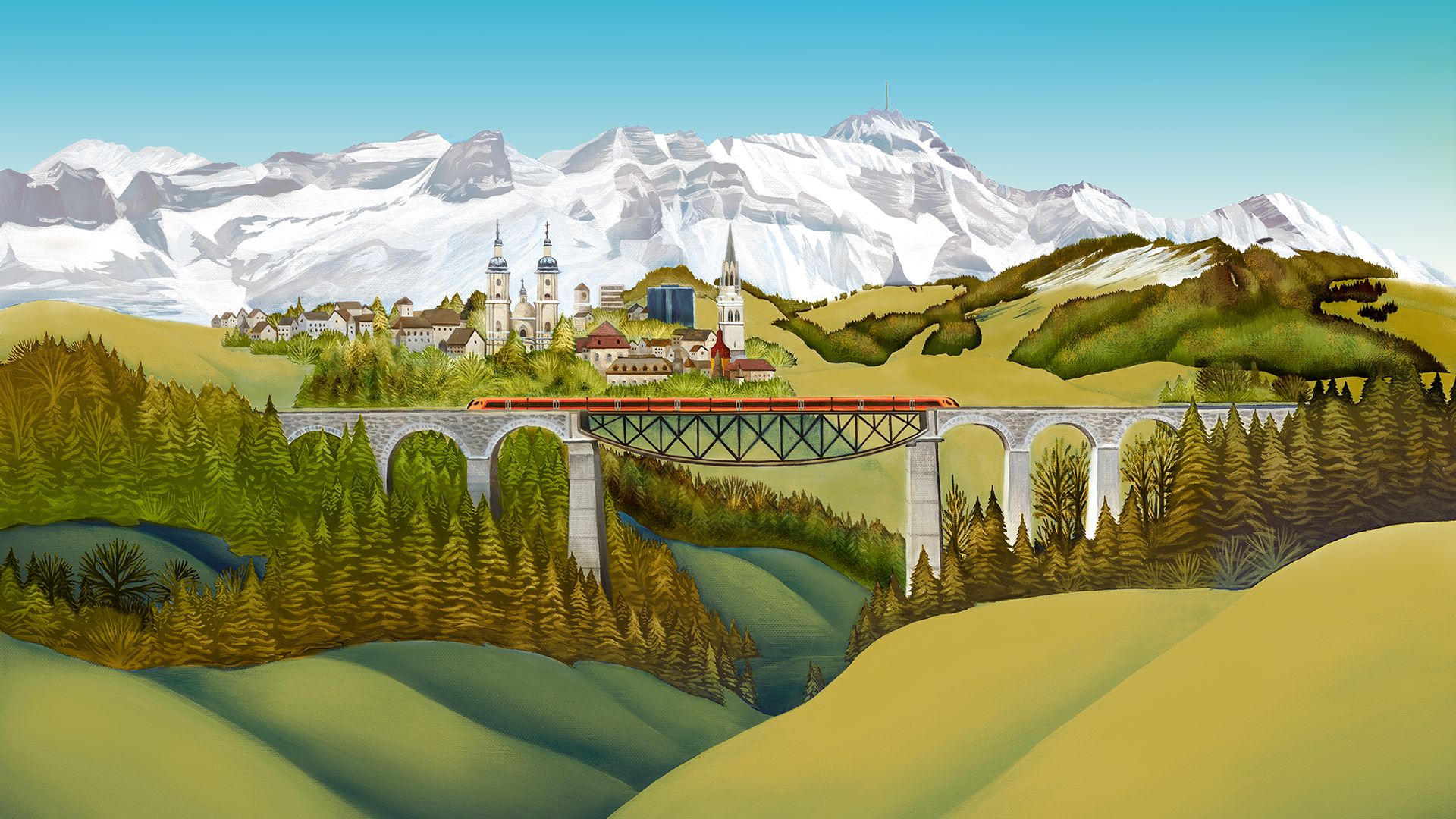 Der kupferfarbene Voralpen-Express überquert das Sitterviadukt mit Blick auf den Stiftsbezirk St. Gallen und den Säntis im Hintergrund.