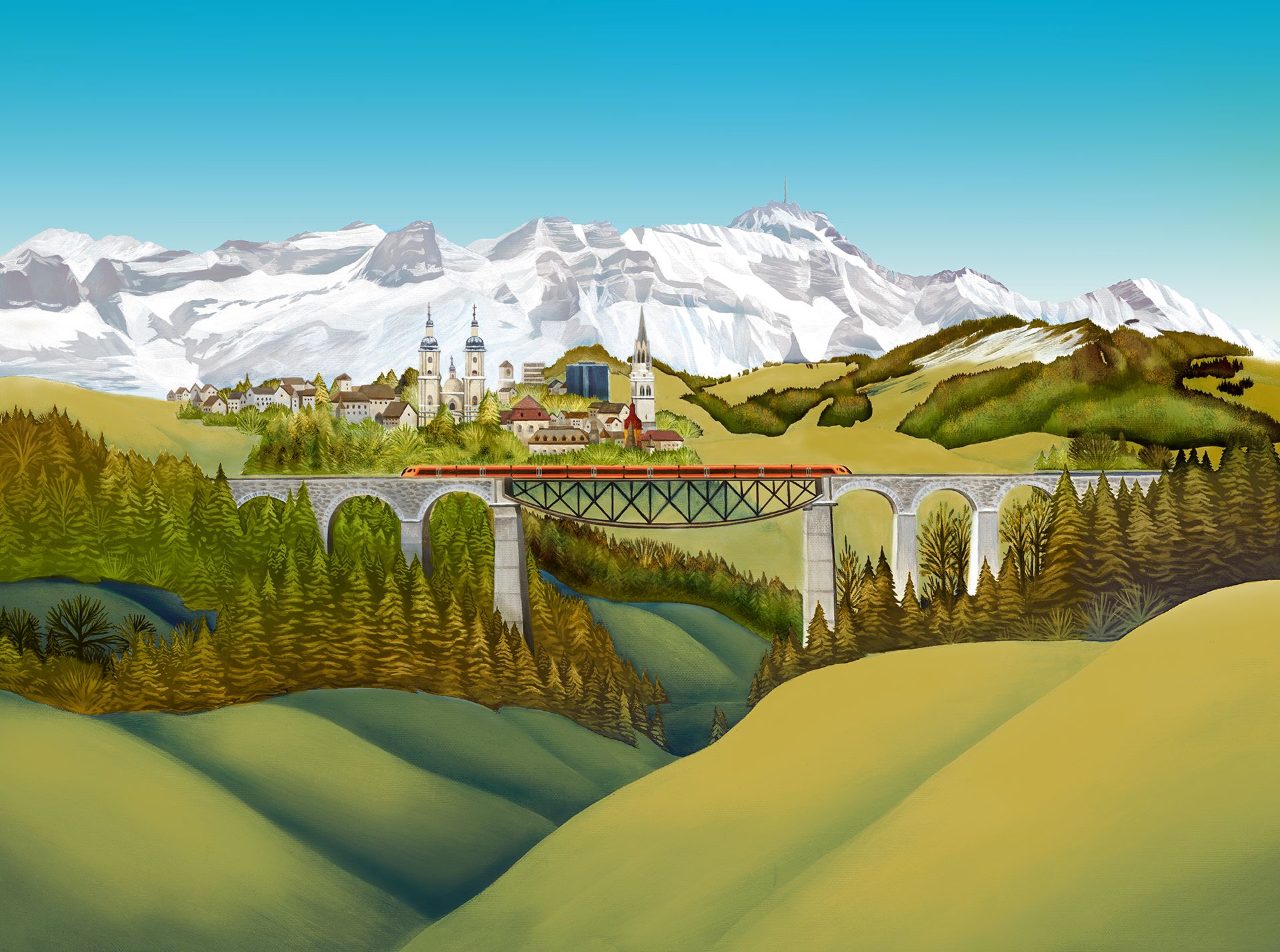 The copper-colored Voralpen-Express crossing the Sitter Viaduct with St. Gallen’s Abbey District and Mount Säntis in the background.