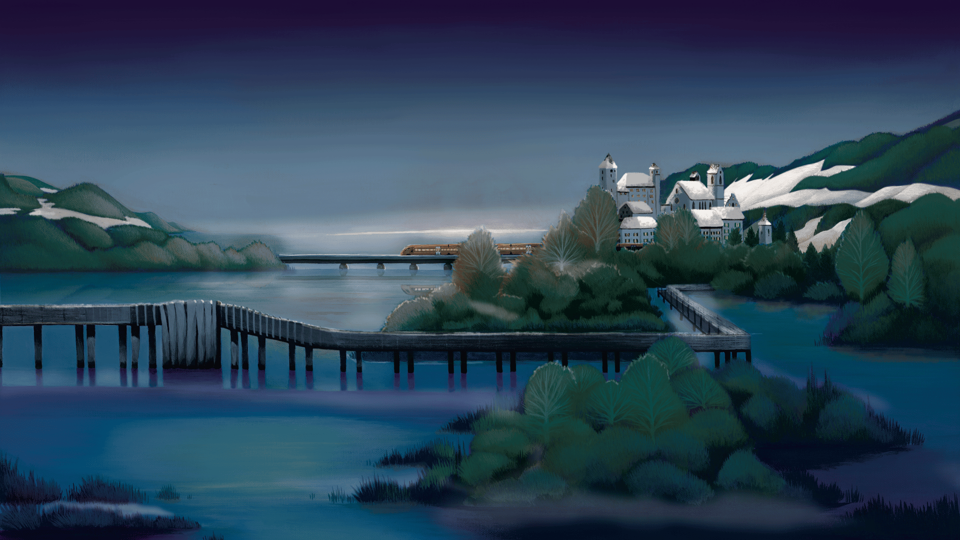 Illustration des Voralpen-Express über dem Seedamm in einer Winter-Nacht