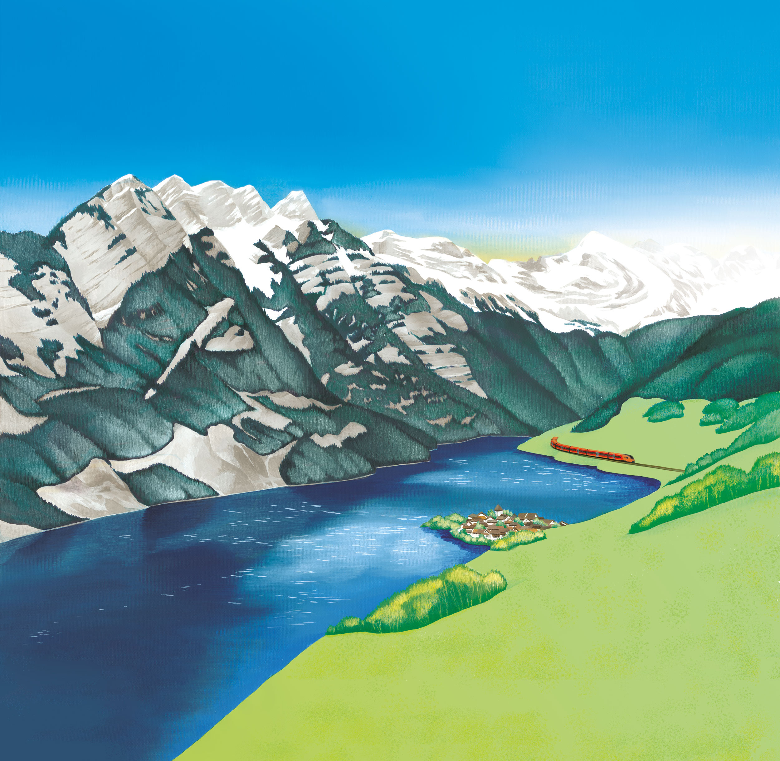 Illustration vom Walensee mit Churfirsten und dem Aare Linth der Südostbahn im Sommer.