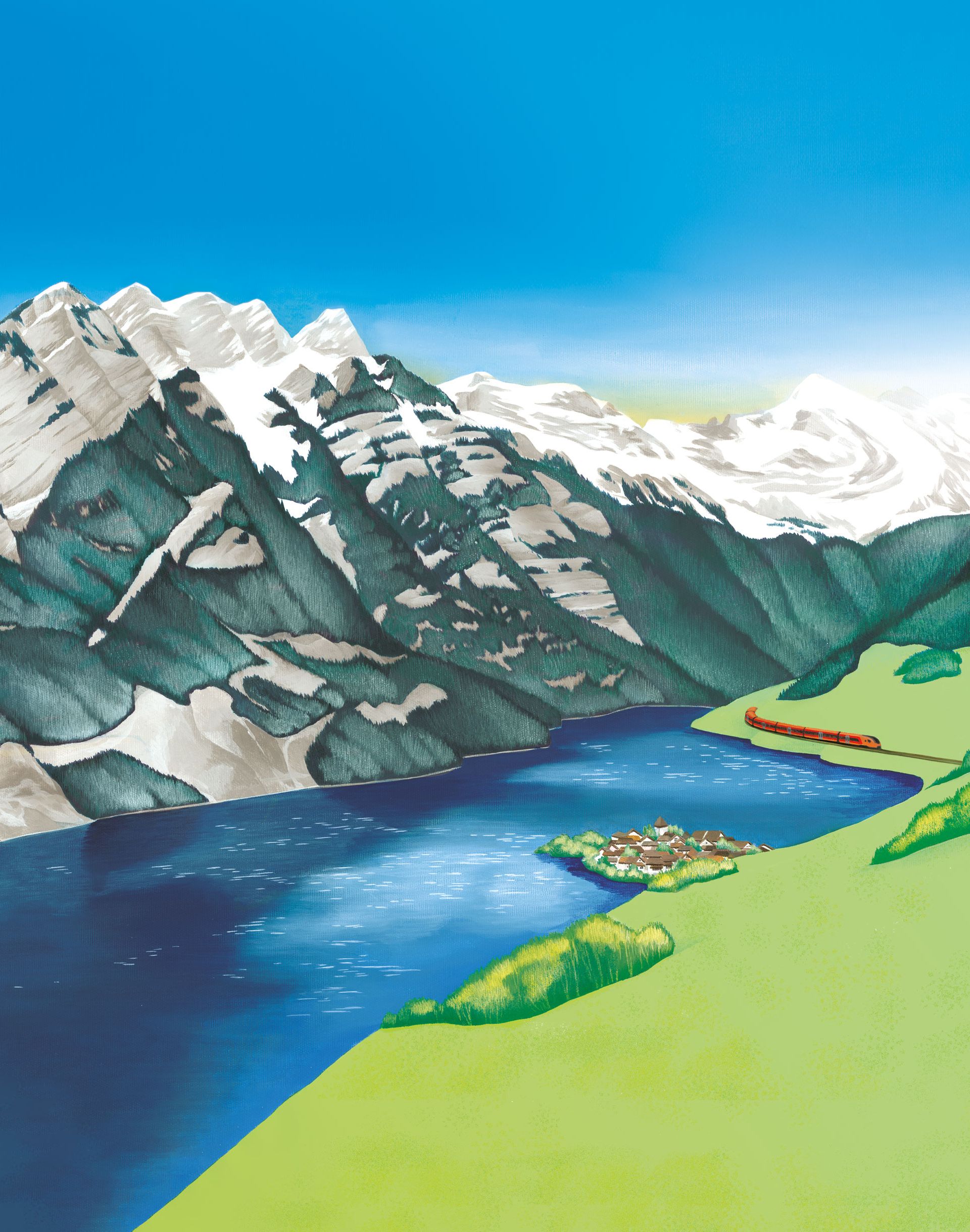 Illustration vom Walensee mit Churfirsten und dem Aare Linth der Südostbahn im Sommer.