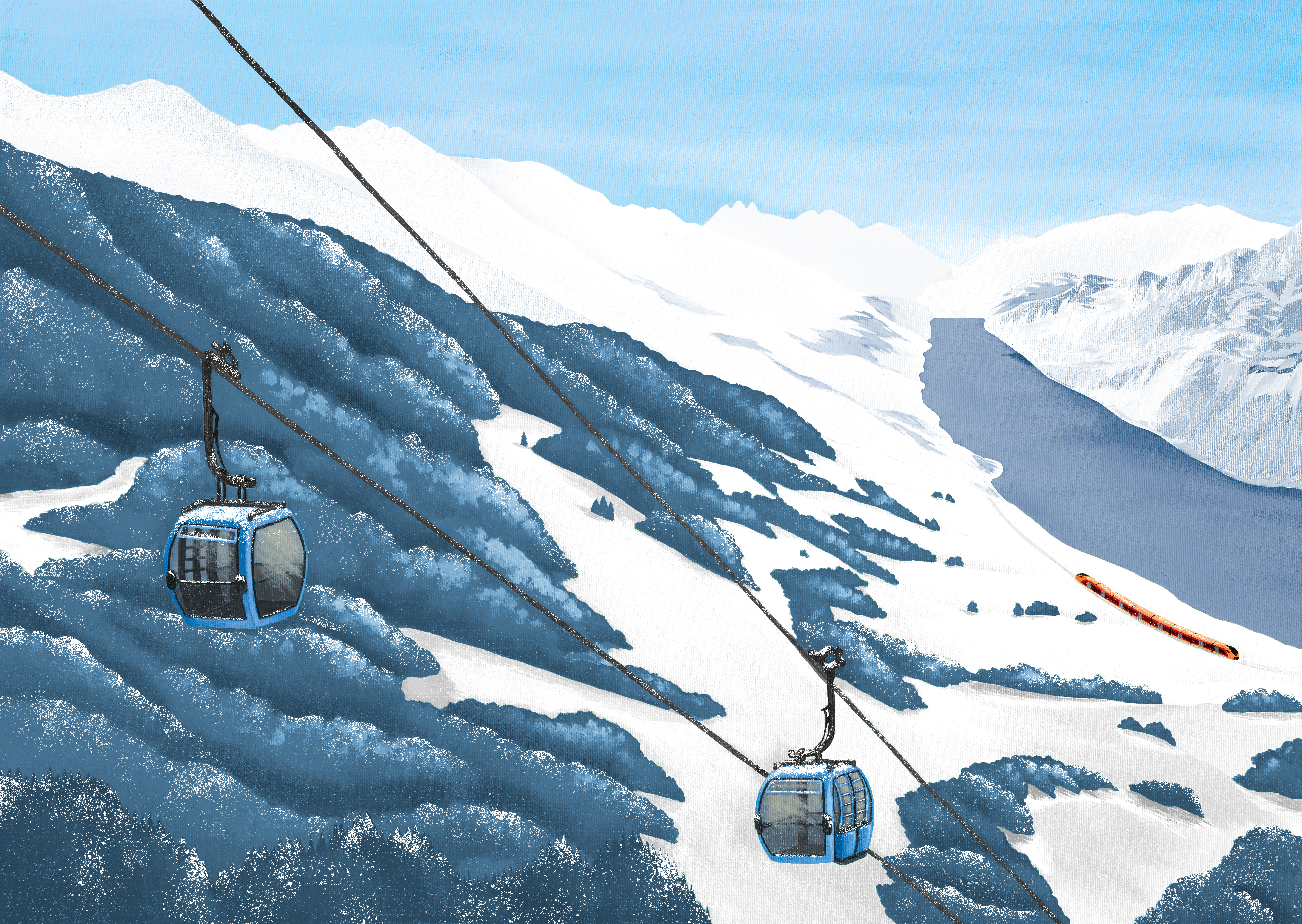 Illustration des Interregio Aare Linth am Walensee mit Gondeln, die zum Skigebiet Flumserberg führen, umgeben von verschneiten Bergen.