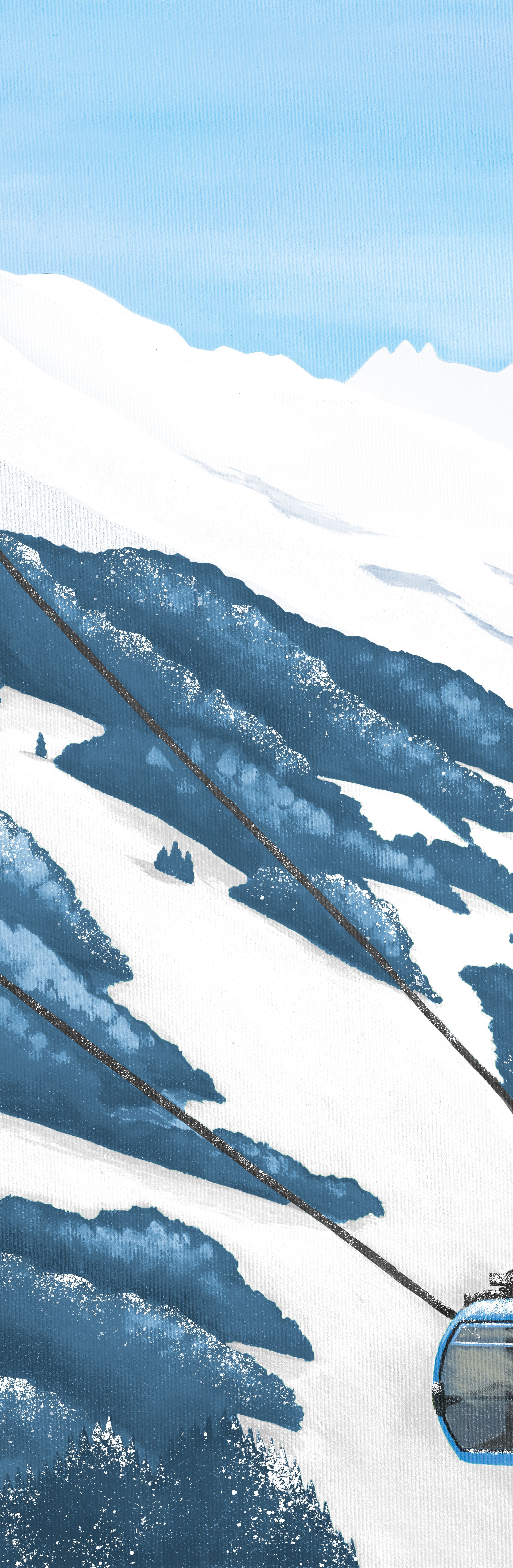 Illustration des Interregio Aare Linth am Walensee mit Gondeln, die zum Skigebiet Flumserberg führen, umgeben von verschneiten Bergen.