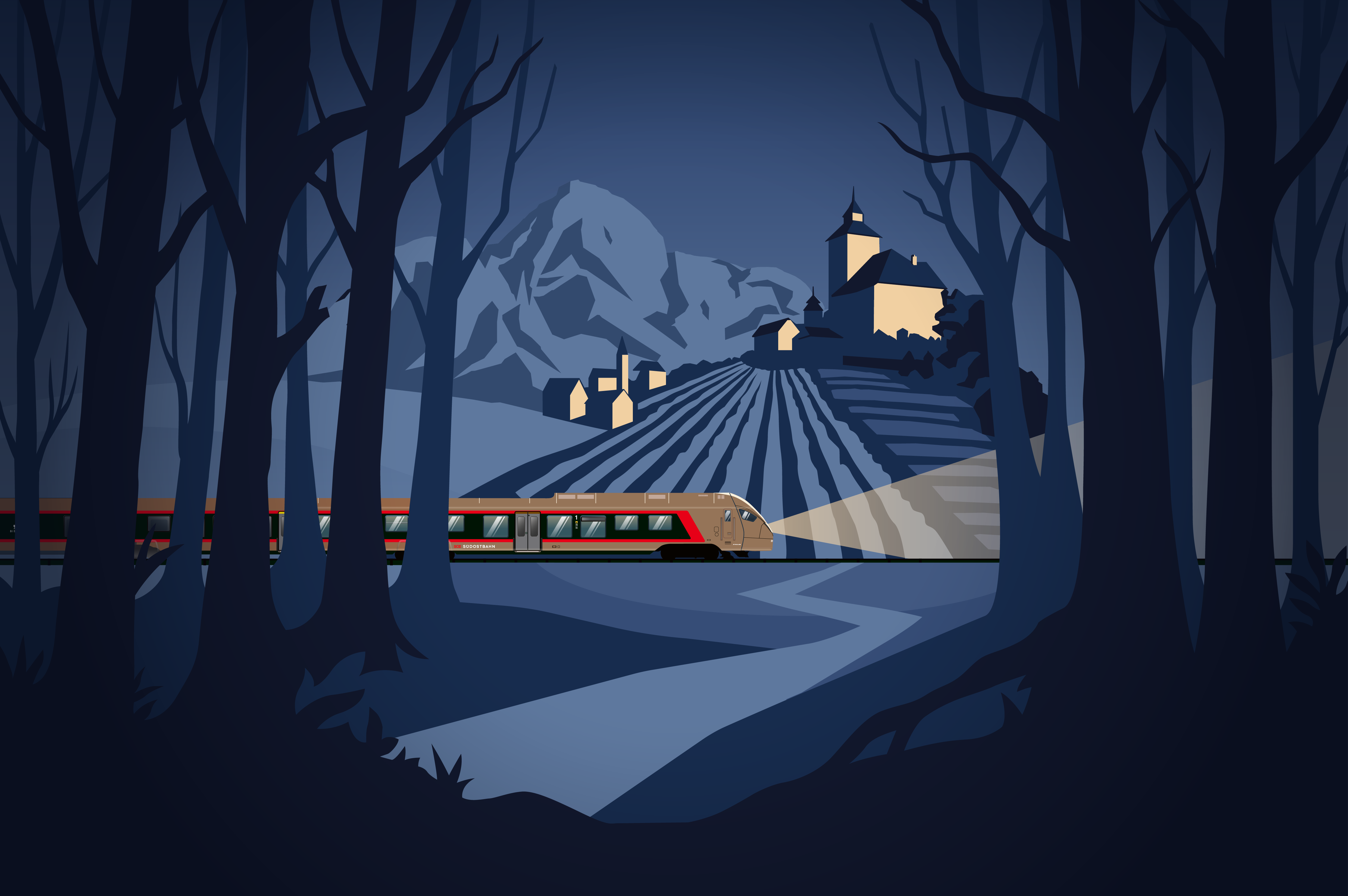 Mysteriöse Illustration eines Zug der Südostbahn vor Schloss in Sargans