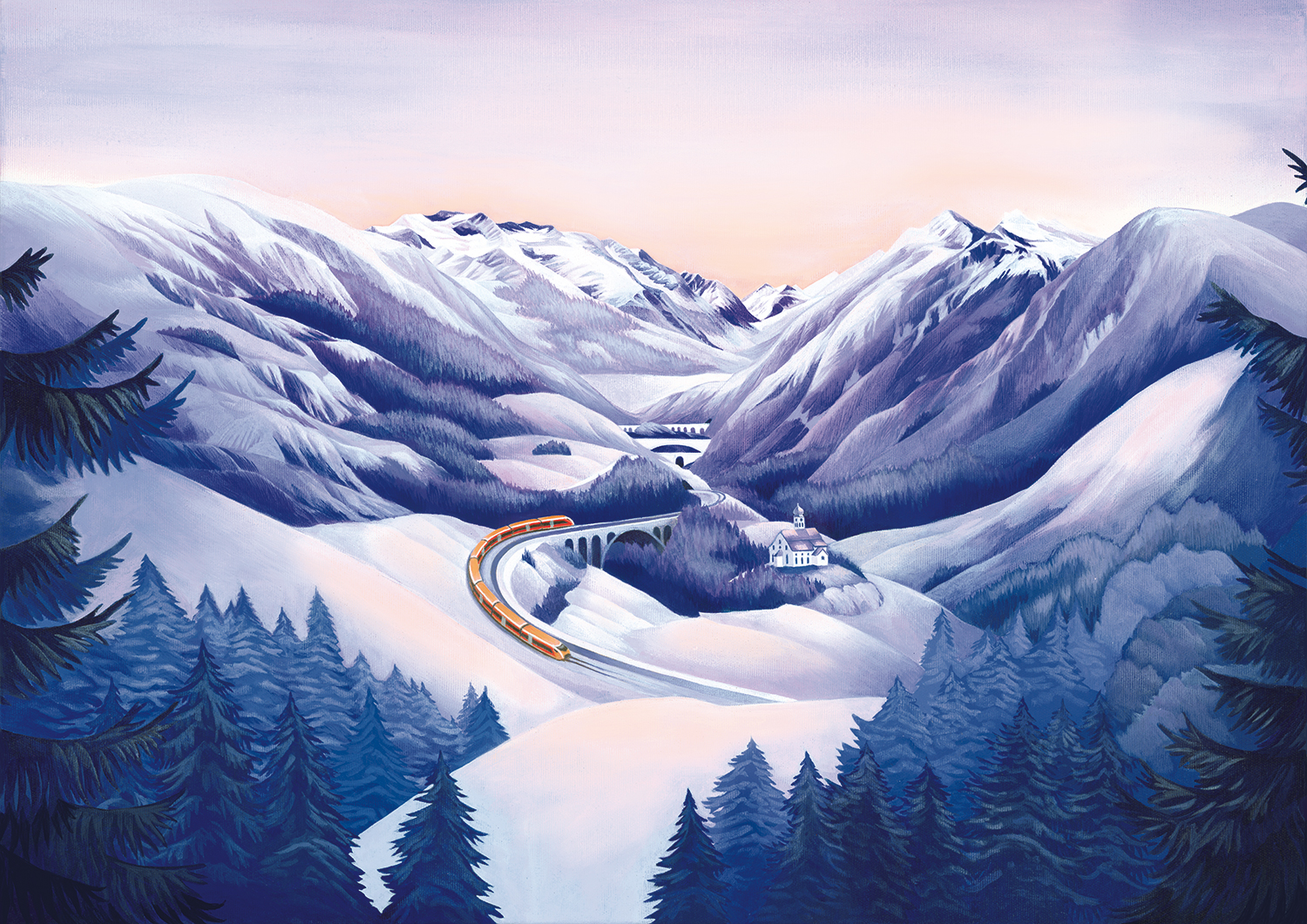 Treno Gottardo sulla linea panoramica del San Gottardo con la chiesa di Wassen e il Ponte del Diavolo in un paesaggio alpino invernale.