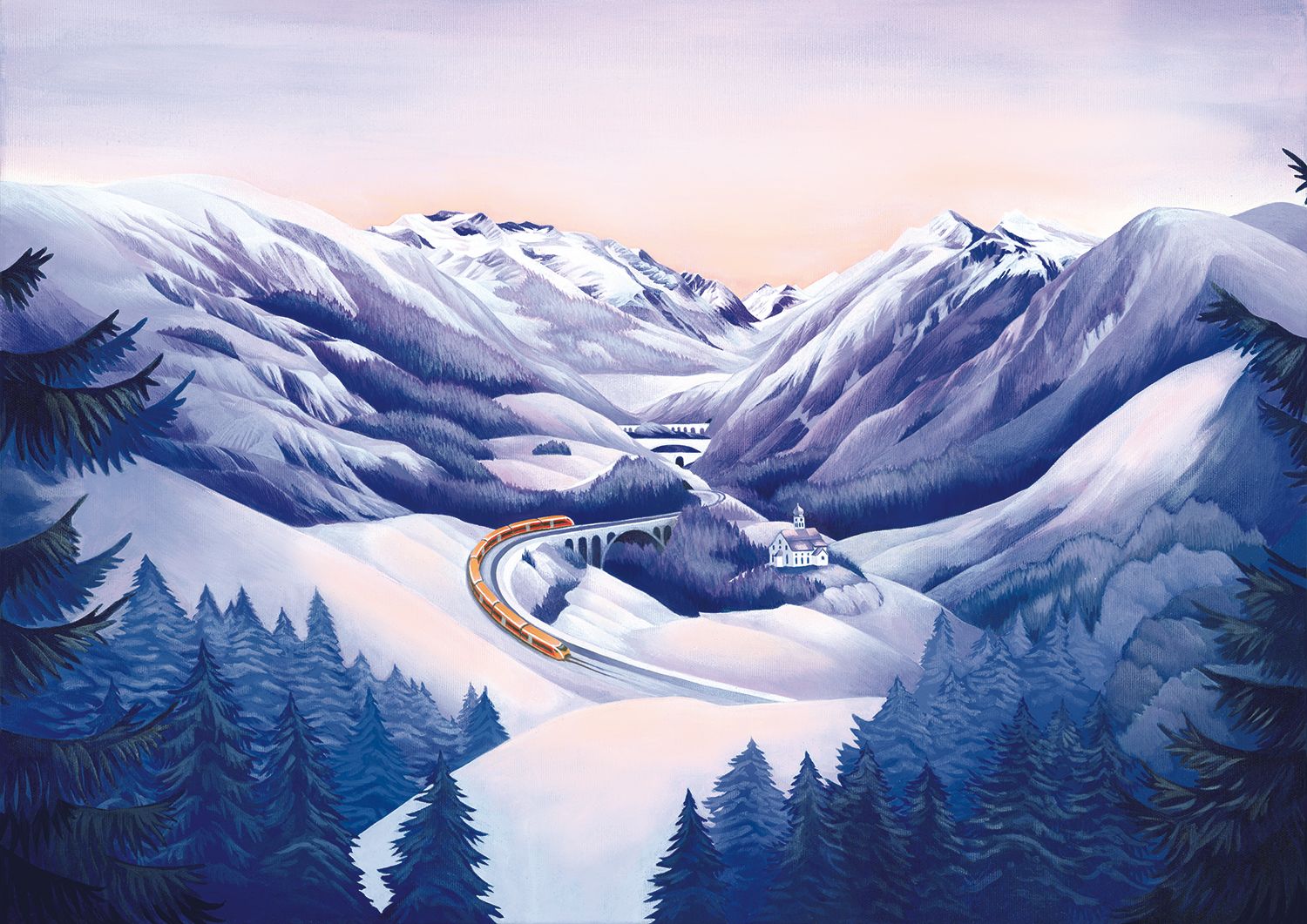 Treno Gottardo sulla linea panoramica del San Gottardo con la chiesa di Wassen e il Ponte del Diavolo in un paesaggio alpino invernale.