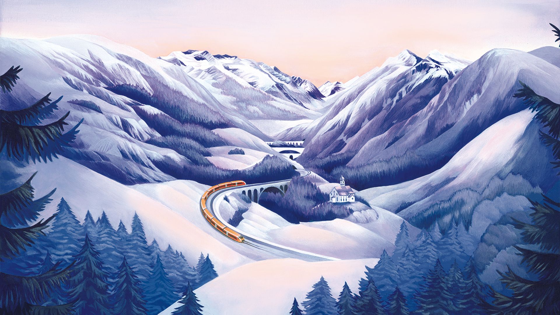 Treno Gottardo color rame sulla linea panoramica del San Gottardo Treno Gottardo sulla linea panoramica del San Gottardo con la chiesa di Wassen e il Ponte del Diavolo in un paesaggio alpino invernale.