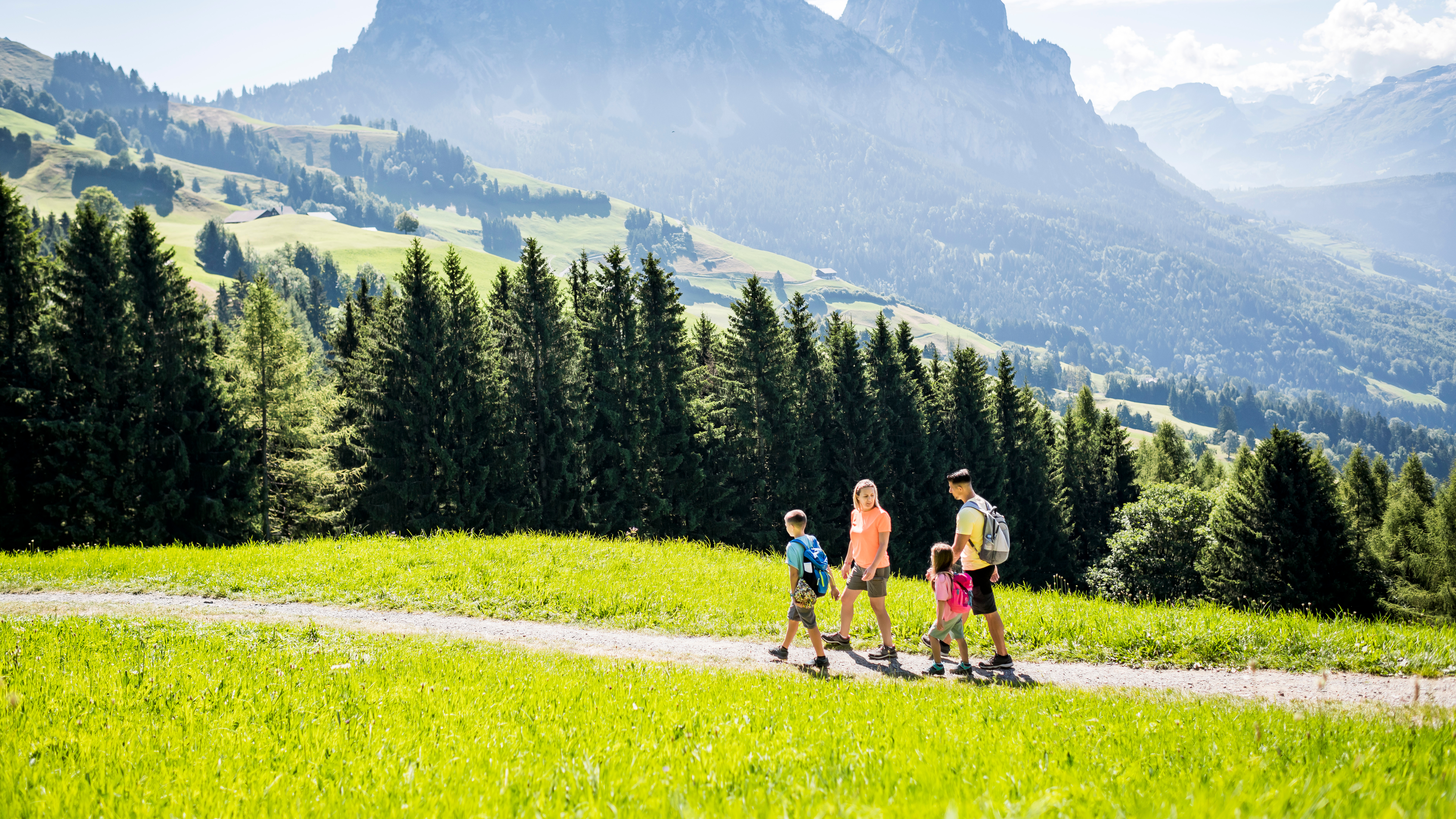Famiglia in escursione su un sentiero soleggiato all’Engelstock Sattel-Hochstuckli con vista su boschi e prati alpini svizzeri.