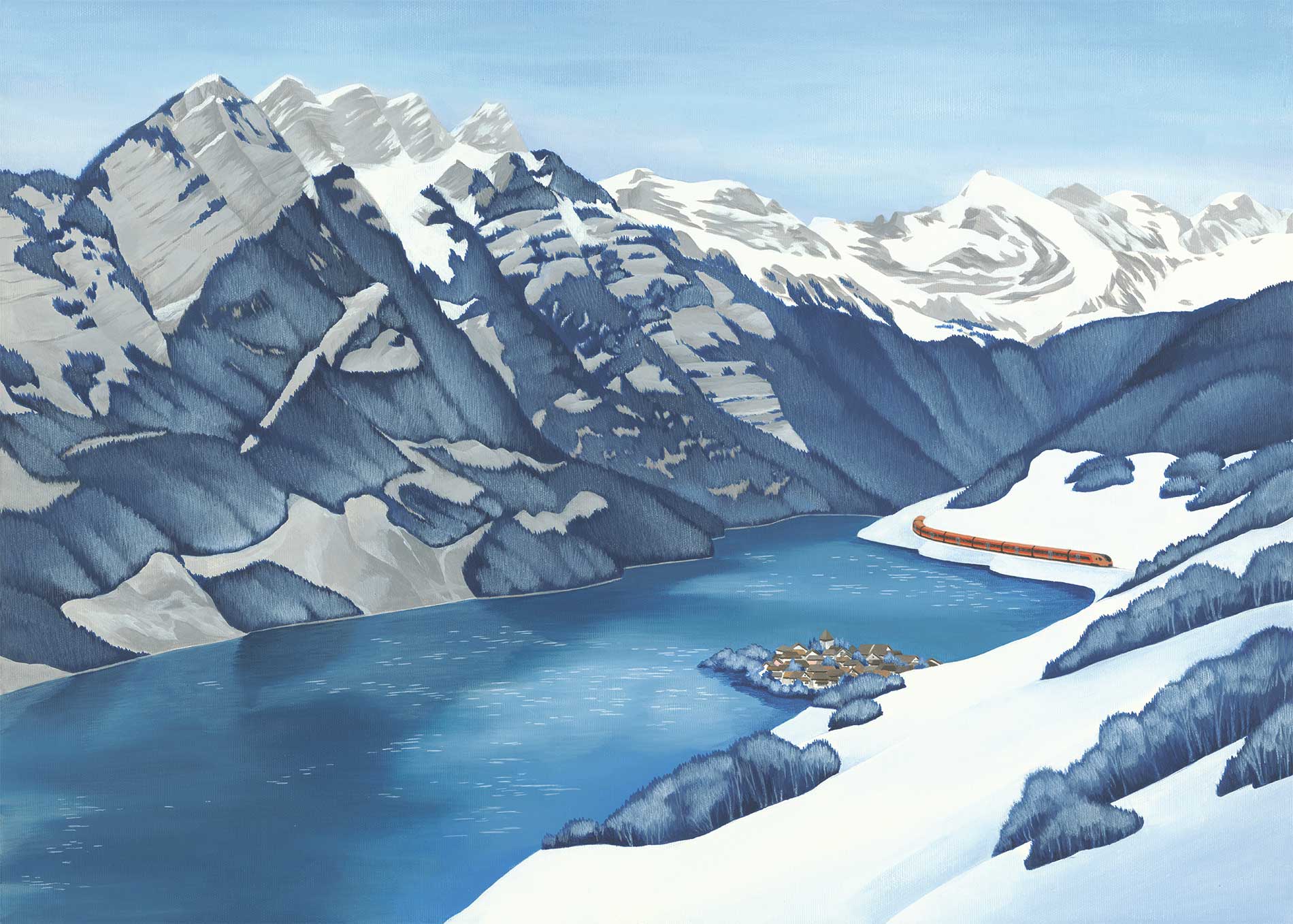 IR Aare Linth am Walensee mit den Churfirsten und dem Dorf Murg in winterlicher Alpenlandschaft.