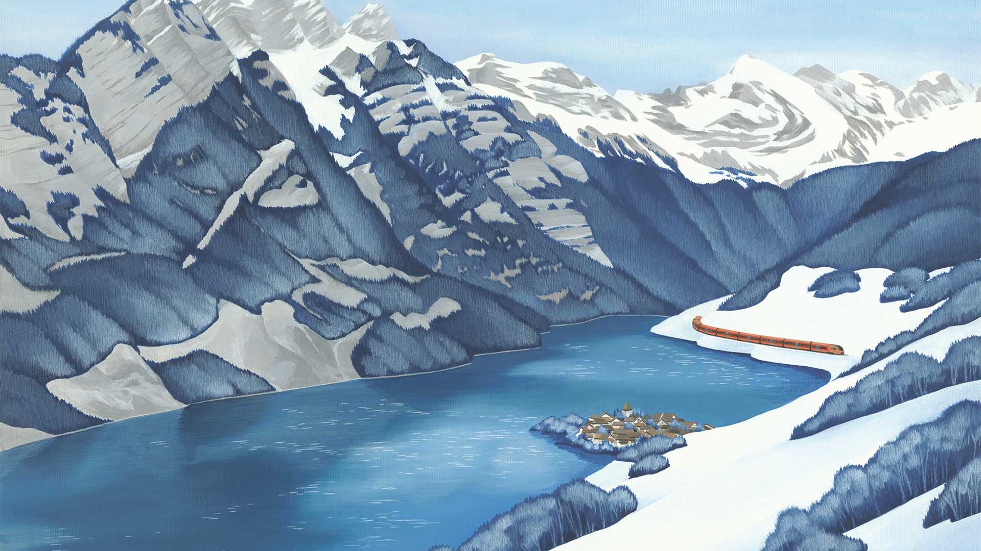 IR Aare Linth am Walensee mit den Churfirsten und dem Dorf Murg in winterlicher Alpenlandschaft.