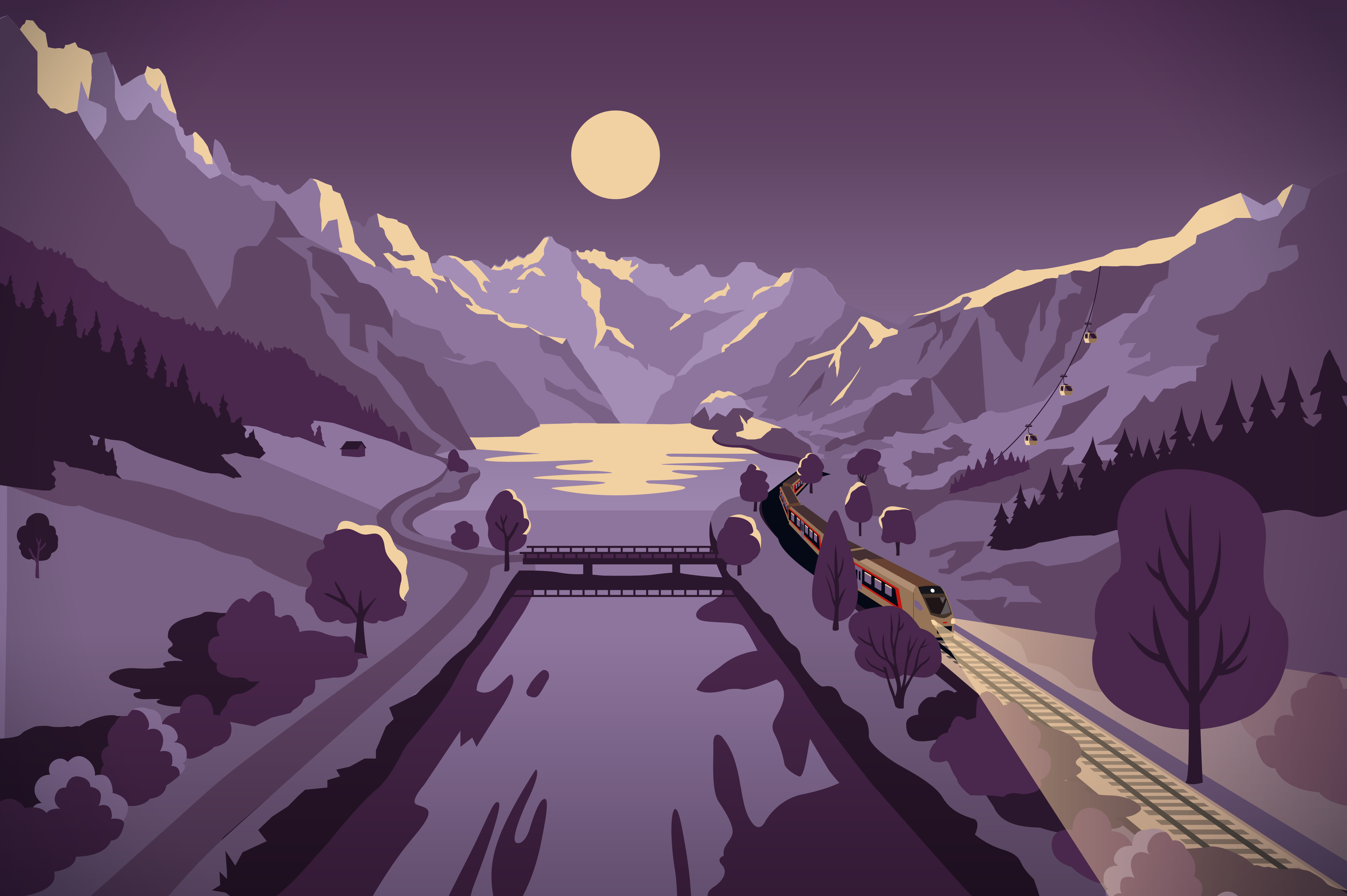 Illustration eines Traverso Zug der SOB entlang des Linthkanals