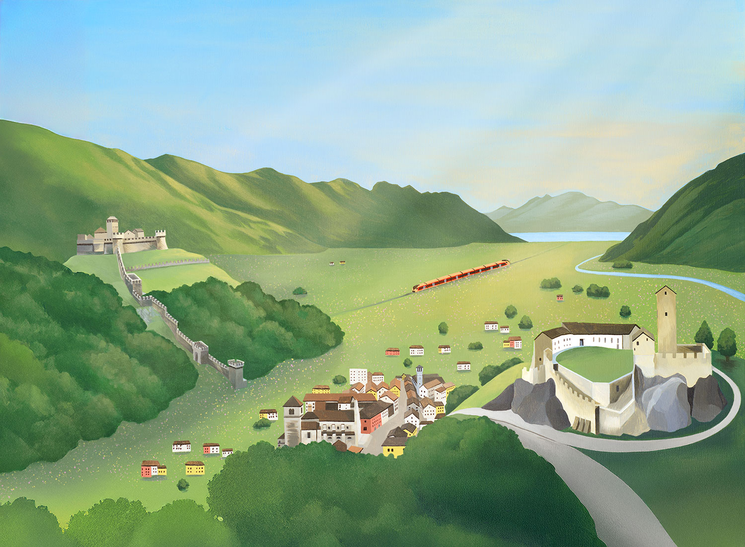 Treno Gottardo vor den Burgen von Bellinzona mit Lago Maggiore im Hintergrund in der Südschweiz.