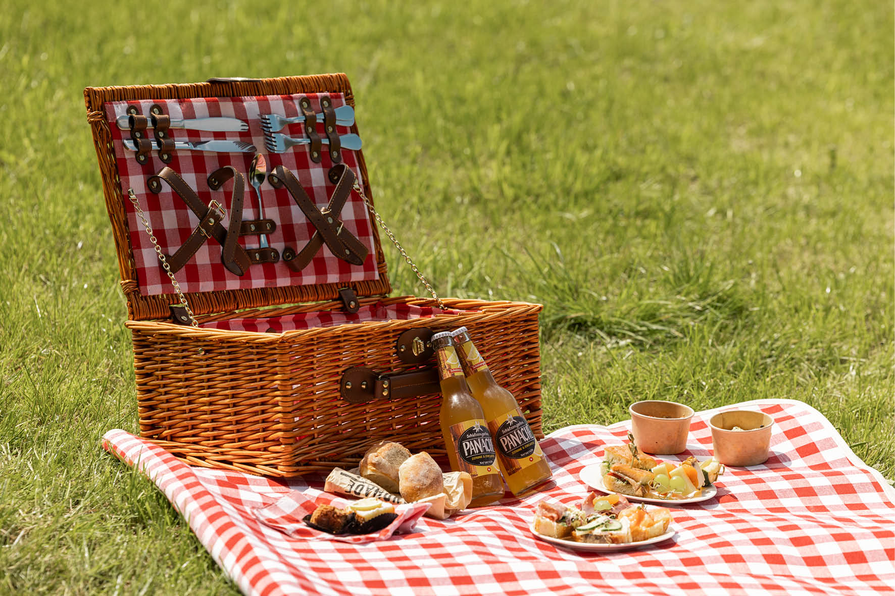 Apéro-Korb der Bäckerei Füger auf einer grünen Wiese und Picknickdecke
