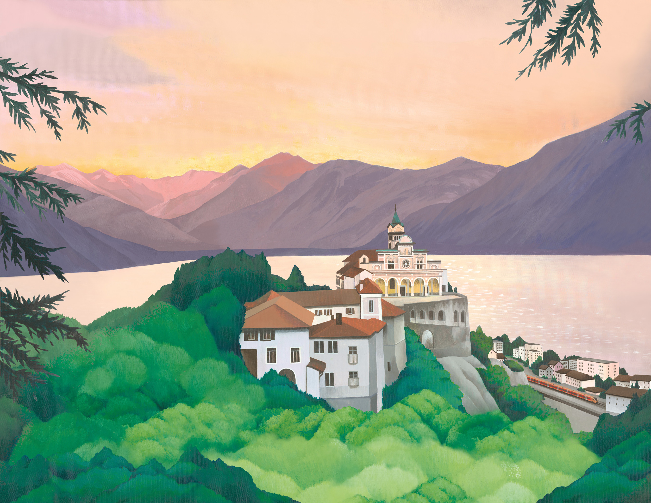Illustration von Madonna del Sasso, Orselina, Locarno Lago Maggiore und dem Treno Gottardo der Südostbahn im Sommer.