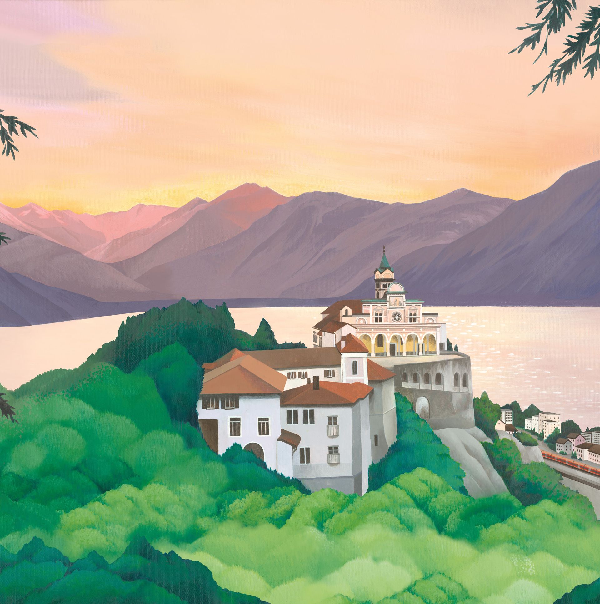 Sommerliche Illustration von Madonna del Sasso, Orselina und Lago Maggiore mit dem Treno Gottardo Illustration von Madonna del Sasso, Orselina, Locarno Lago Maggiore und dem Treno Gottardo der Südostbahn im Sommer.