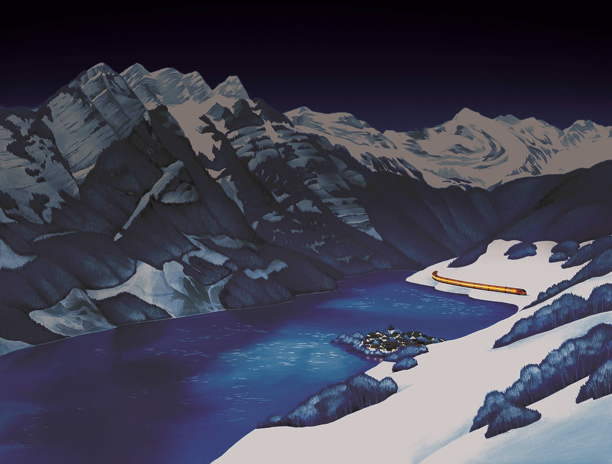 Illustration of Lake Walen with the Churfirsten mountains and the Südostbahn's IR Aare Linth train at Christmas.