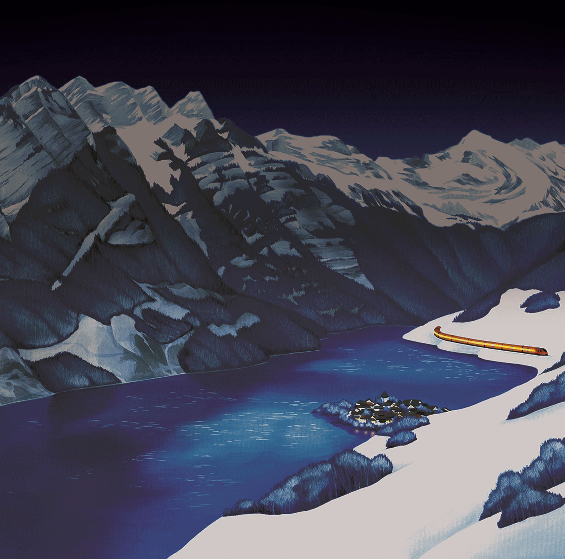 Illustration of Lake Walen with the Churfirsten mountains and the Südostbahn's IR Aare Linth train at Christmas.
