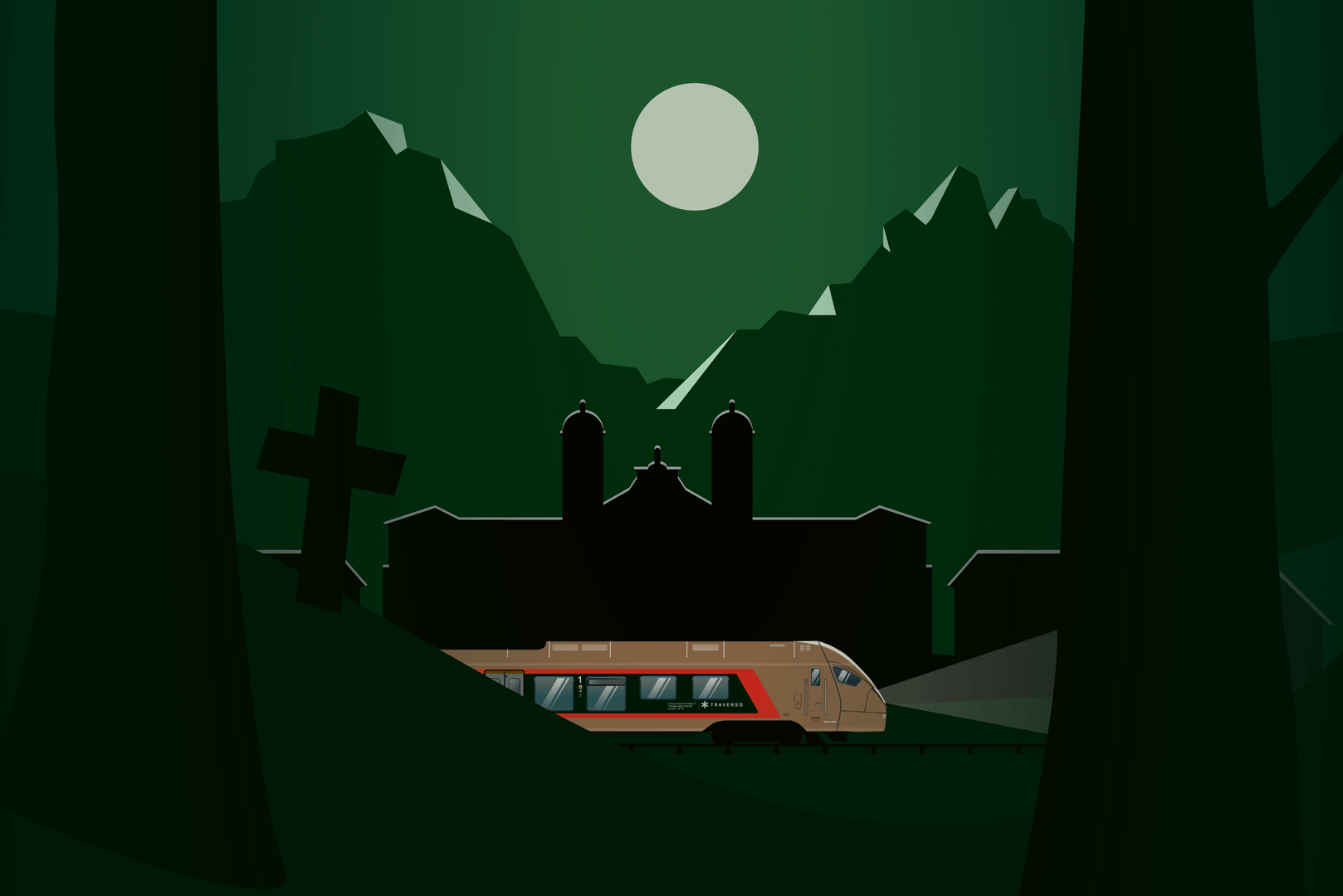 Illustration of a Voralpen-Express train at night under the moonlight and mountains – theme image of the “Murder in the Moor” crime trail.