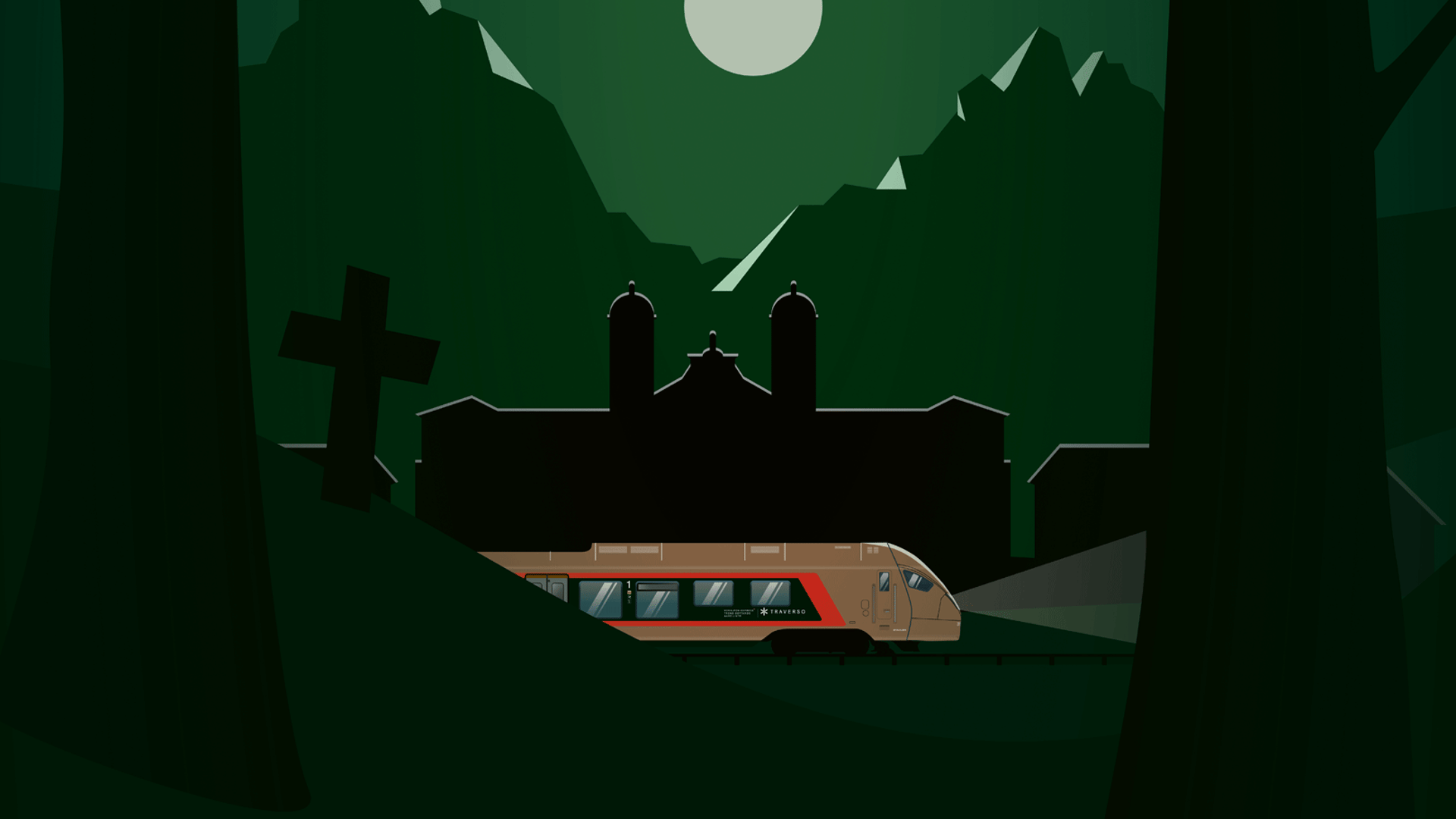 Illustration of a Voralpen-Express train at night under the moonlight and mountains – theme image of the “Murder in the Moor” crime trail.