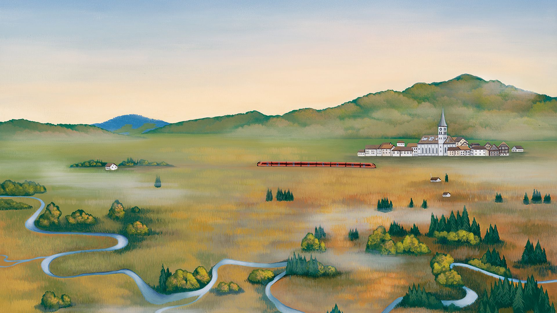 Voralpen-Express in Rothenthurm – Fahrt durch die Moorlandschaft der Voralpen Illustration des Voralpen-Express bei Rothenthurm, umgeben von Moorlandschaft, sanften Hügeln und dem markanten Kirchturm des Dorfes.