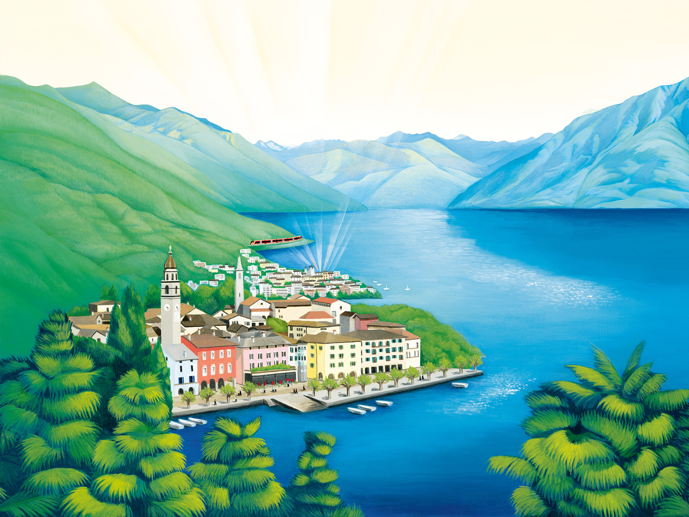 Illustration of Ascona and Locarno with Lake Maggiore and the Treno Gottardo of the Südostbahn in the summer.