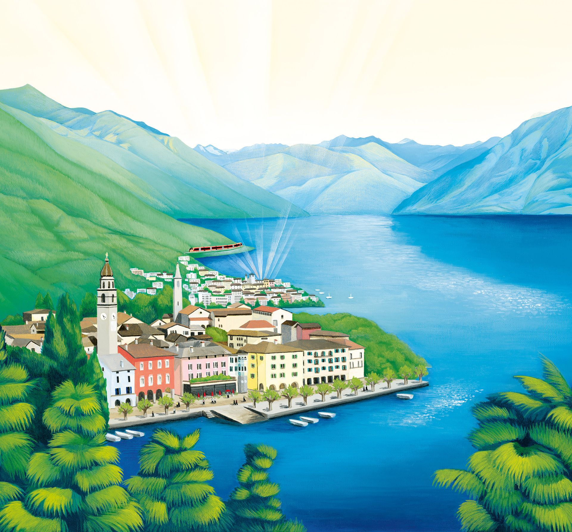 Illustration of Ascona and Locarno with Lake Maggiore and the Treno Gottardo of the Südostbahn in the summer.