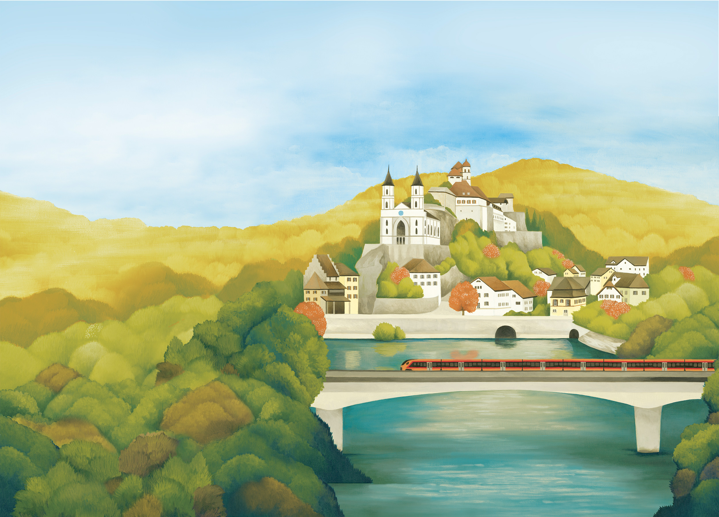 Illustration von der Festung Aarburg über der Aare in Aarburg und dem IR Linth der Südostbahn.