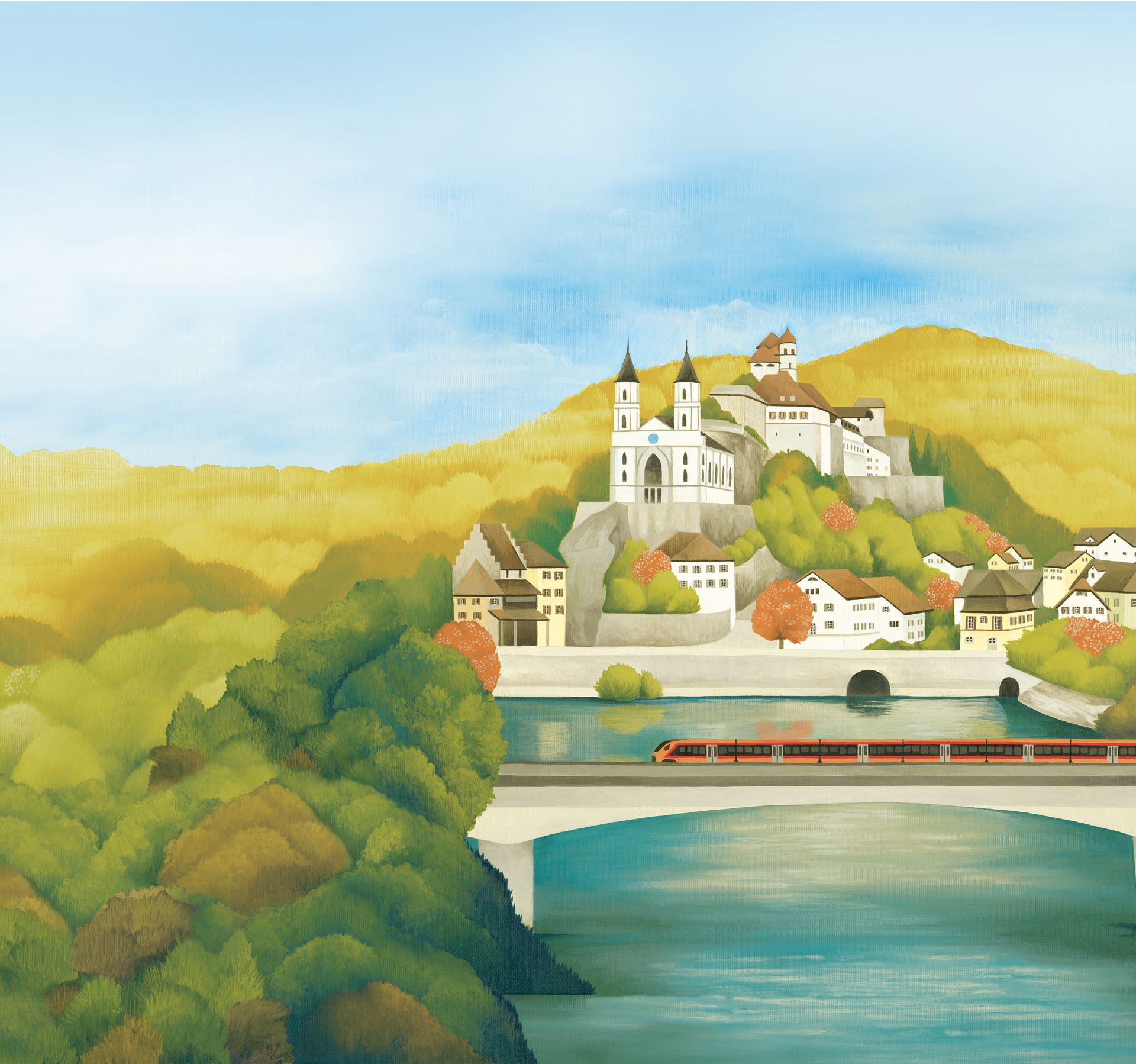 Herbstliche Illustration der Festung Aarburg an der Aare mit dem IR Aare Linth Illustration von der Festung Aarburg über der Aare in Aarburg und dem IR Linth der Südostbahn.