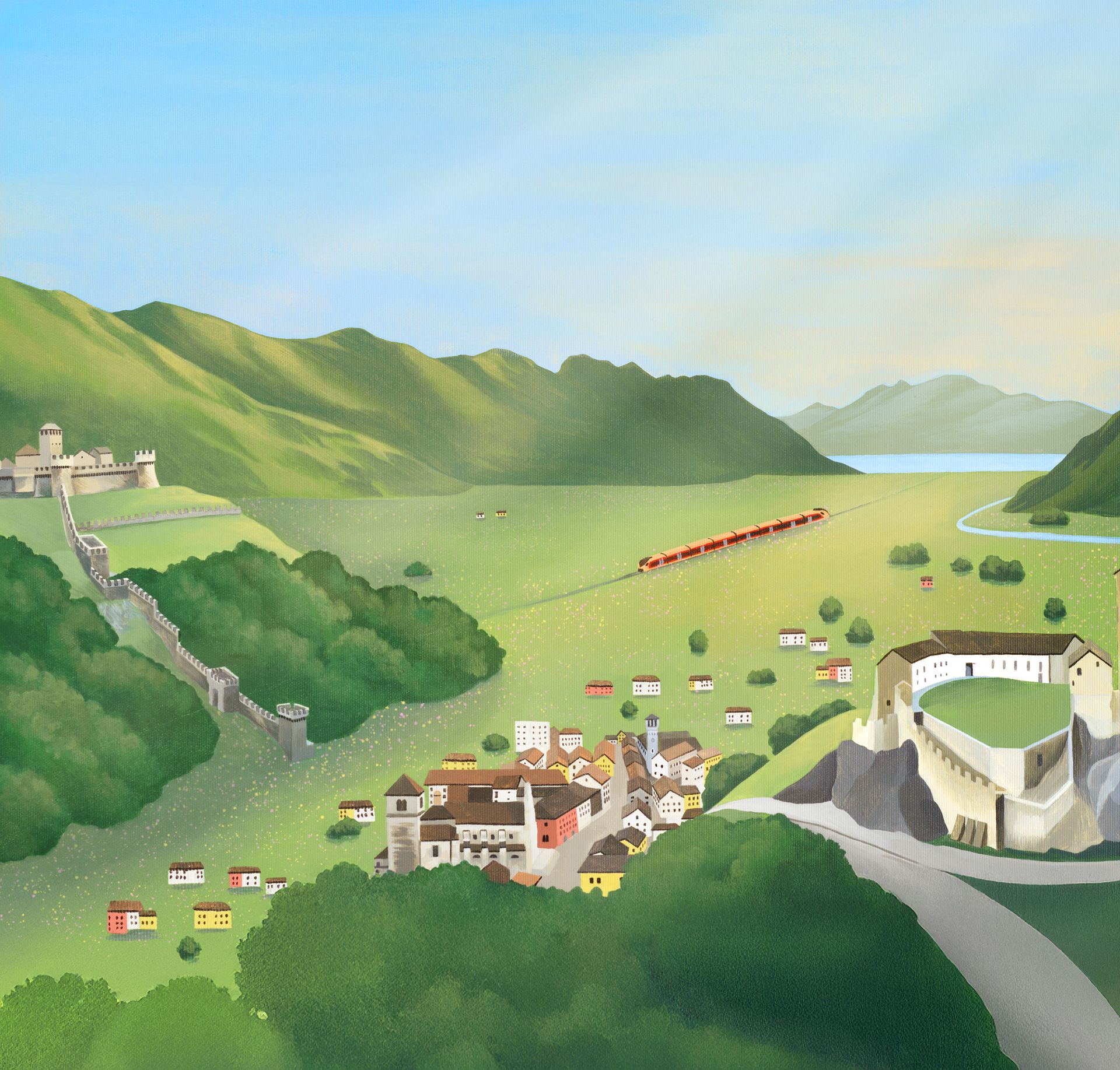 Illustration of Bellinzona, castles, Lake Maggiore, and the Treno Gottardo of the Südostbahn in the spring.