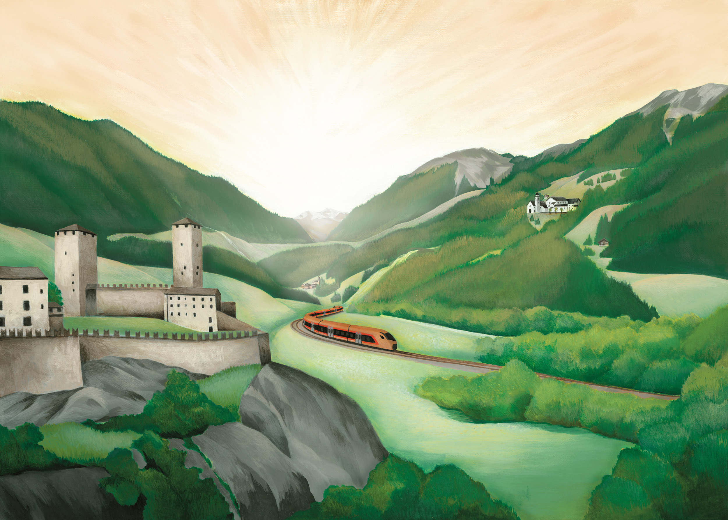 Illustrazione della Leventina e del “Treno Gottardo” della Südostbahn in estate.