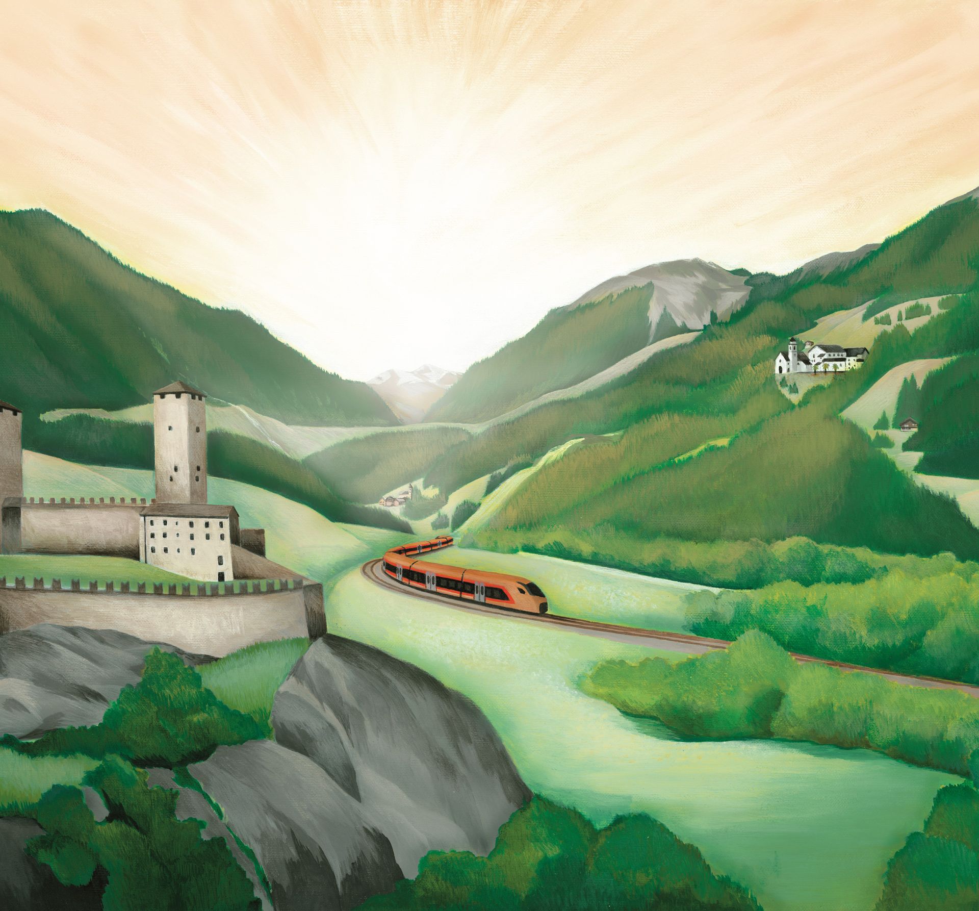 Illustrazione della Leventina e del âTreno Gottardoâ della SĂźdostbahn in estate.