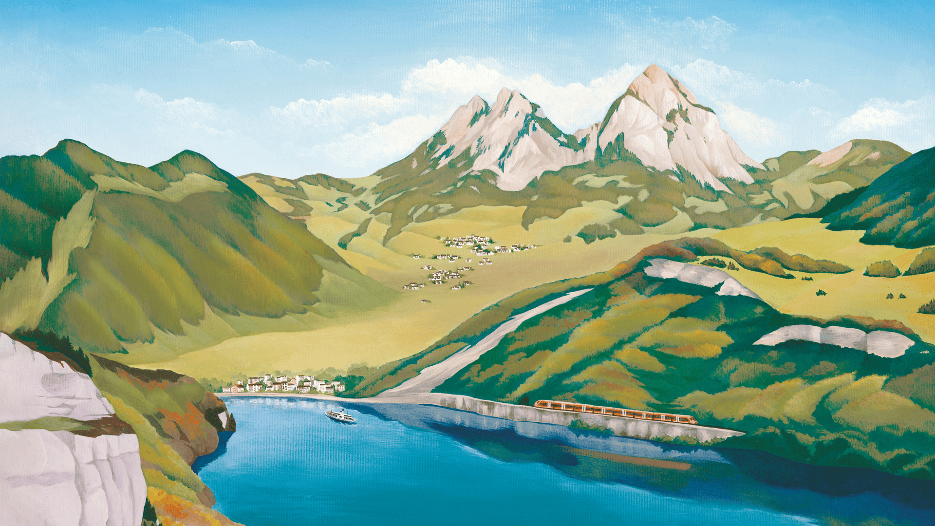Illustration des Voralpen-Express mit Blick auf die markanten Mythen, den türkisblauen See und die sanften Hügel der Zentralschweiz.